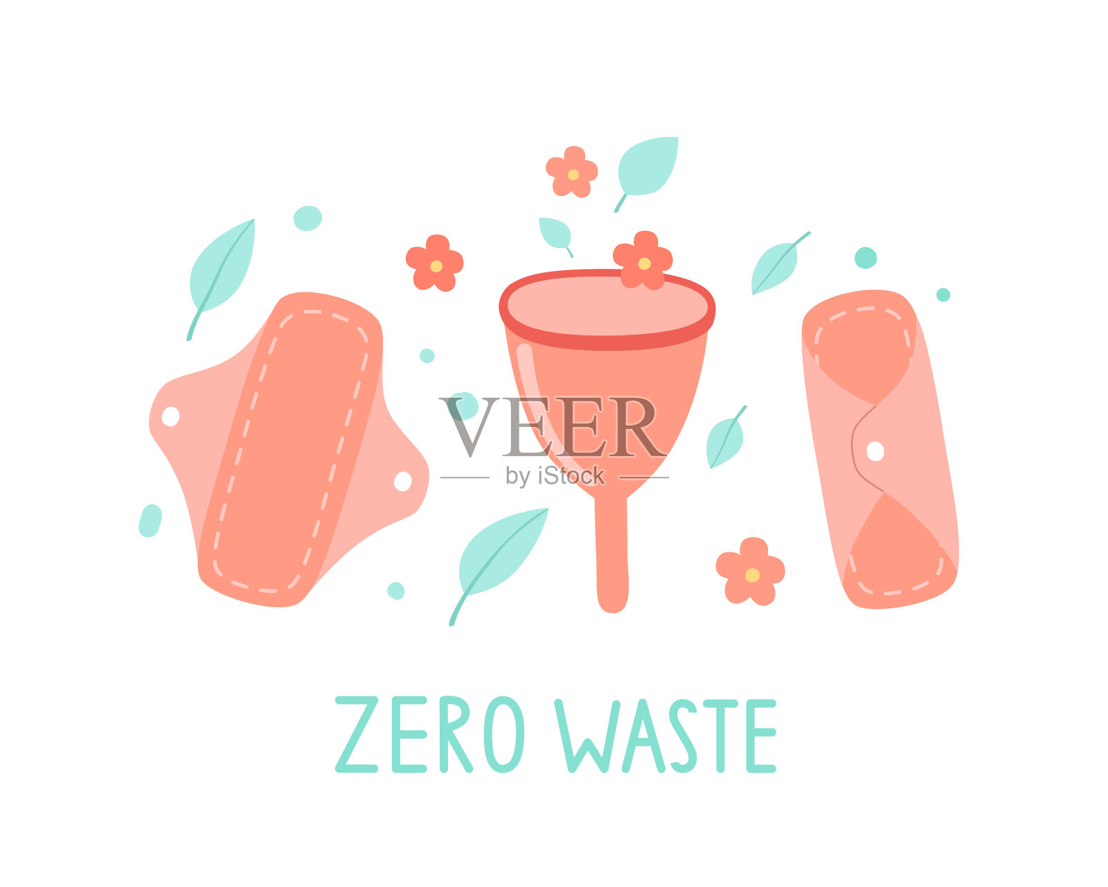 经期杯与女性布垫隔离在白色之上，生态理念，零浪费，自然卫生产品。现代矢量手绘插图。设计元素图片