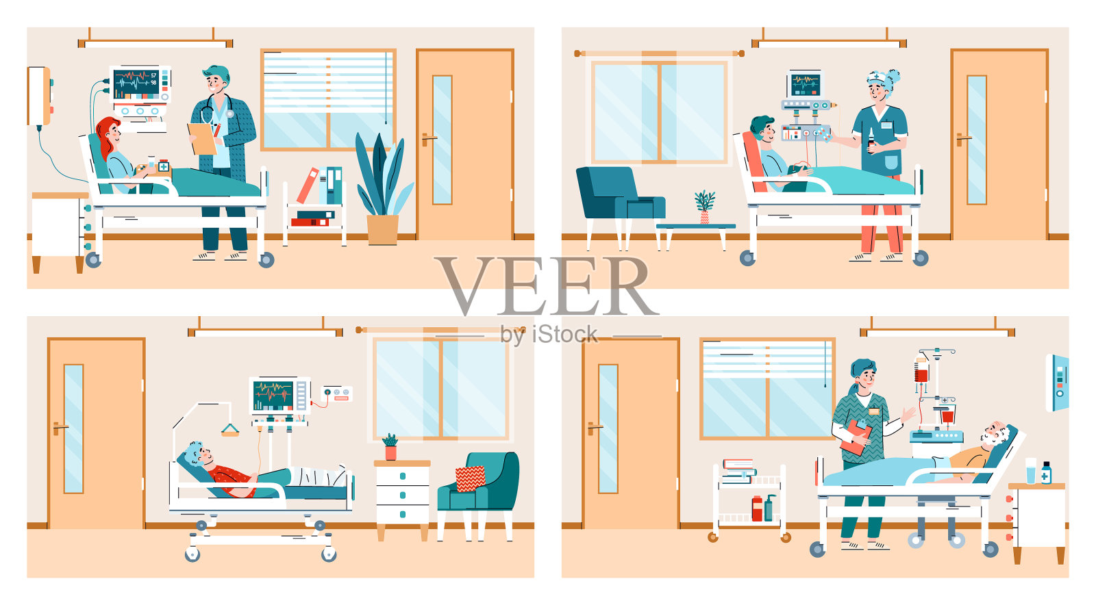 医院病房场景，医生和病人插画图片素材