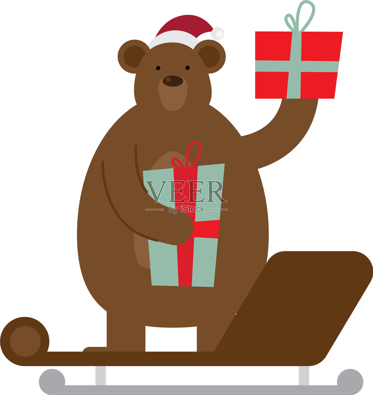 可爱的熊戴着圣诞老人的帽子和礼物和雪橇设计元素图片