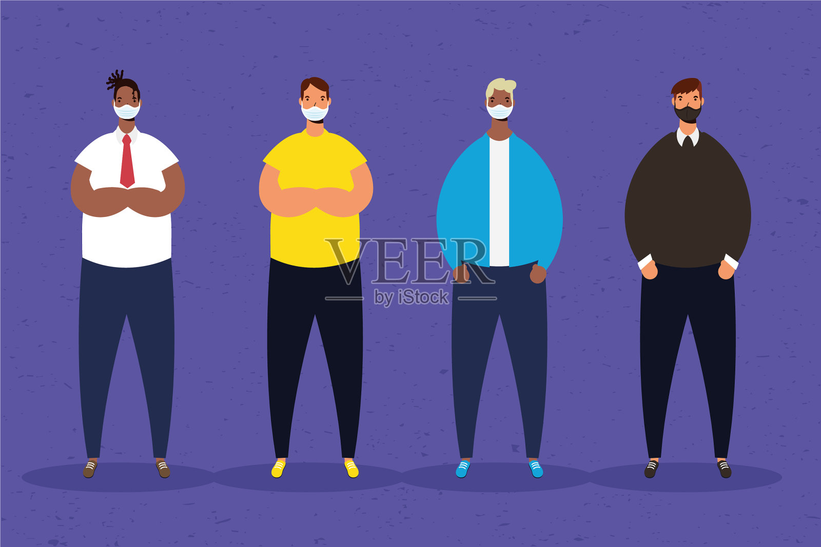 跨种族男性团体练习社交距离插画图片素材