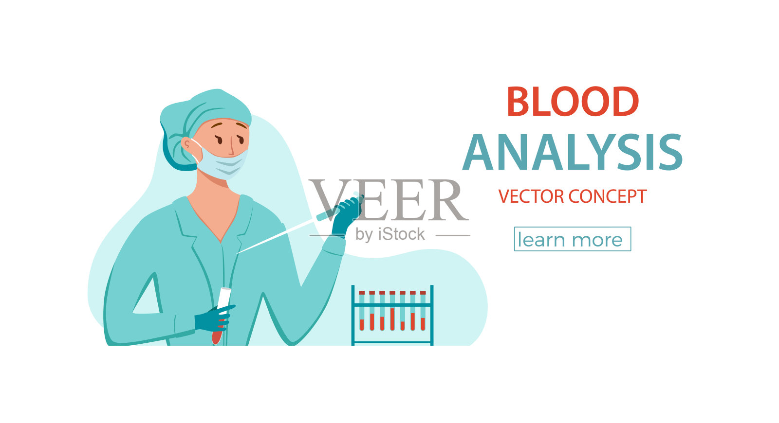 血检医学实验室诊断研究载体说明。穿着实验室大褂的女科学家拿着血样分析。插画图片素材