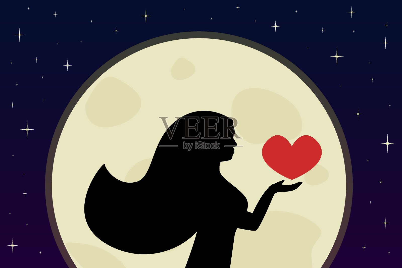 月光下的女性剪影。年轻女子手里拿着一颗红心。背景是满月和星星。矢量图插画图片素材