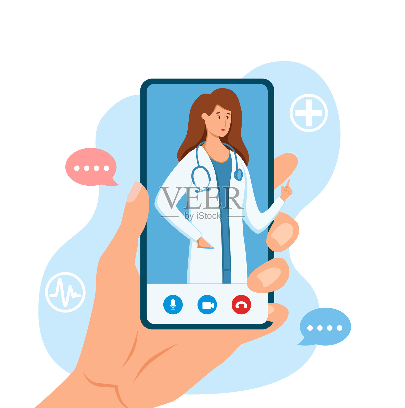 在线医生医疗咨询矢量插图。卡通扁平的人的手与智能手机，并在屏幕上治疗师角色视频通话。在线医疗咨询服务理念。插画图片素材
