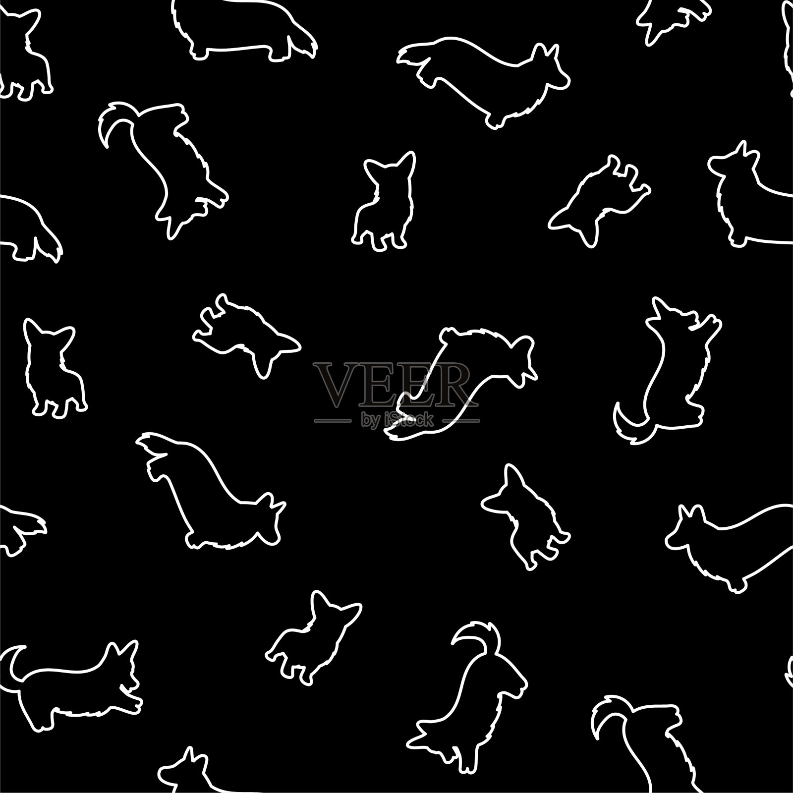 柯基犬摆出各种姿势。向量无缝模式。暗的背景插画图片素材