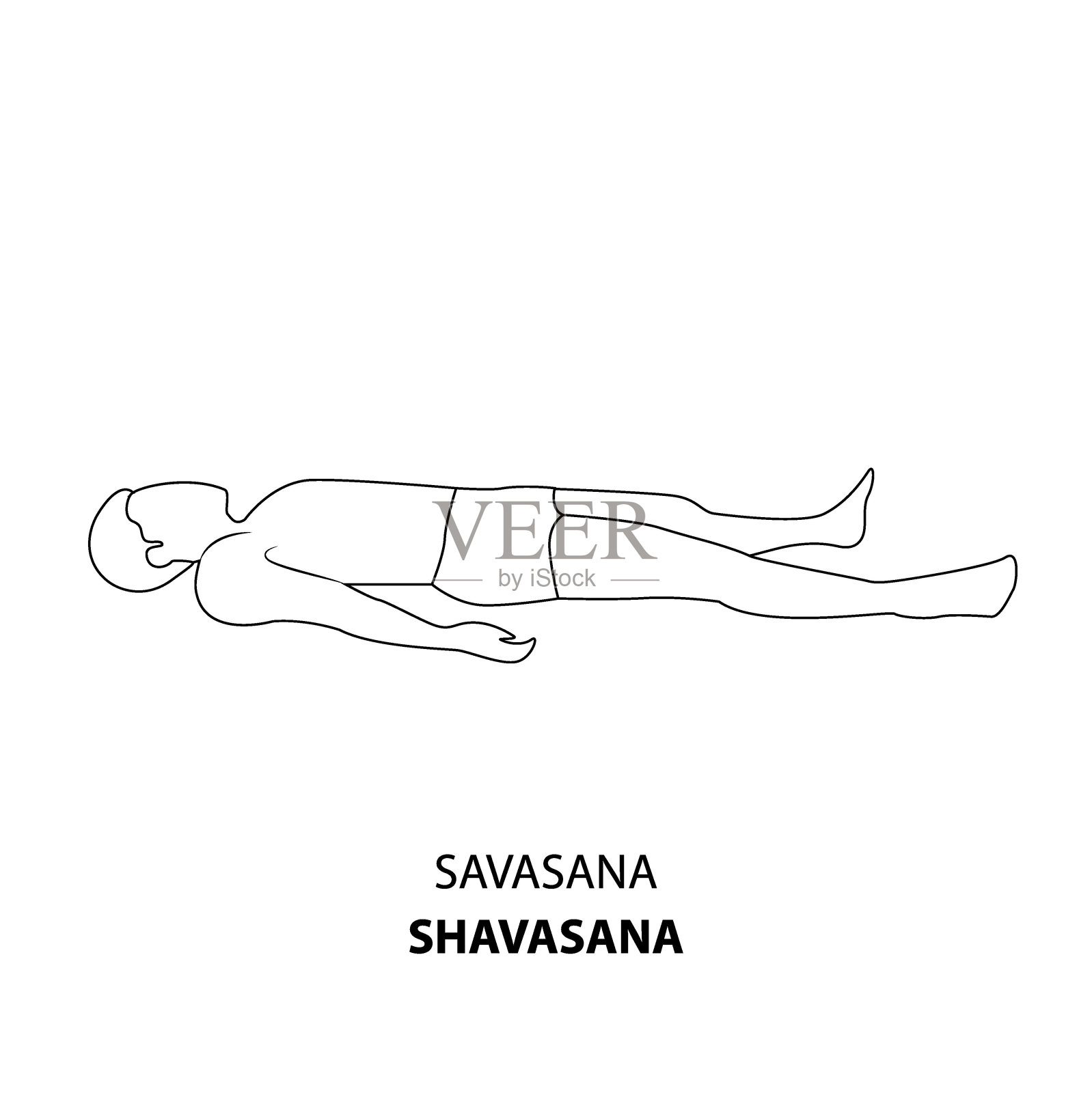 男子练习瑜伽姿势孤立轮廓插图。男子躺在地上的Shavasana身体姿势或Mrtasana，瑜伽体式线图标插画图片素材