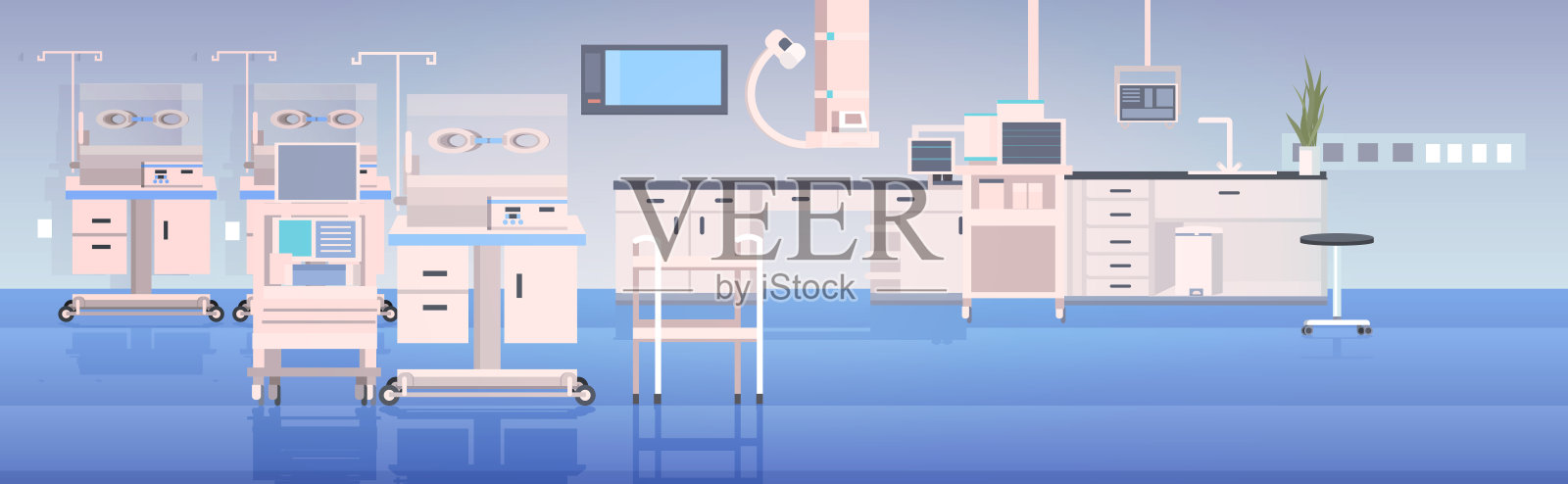 医院手术台及医疗器械现代临床手术室医院内部强化治疗外科手术概念水平插画图片素材