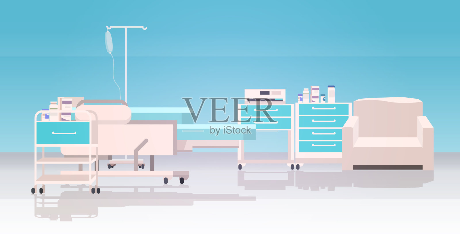 现代化的临床家具，强化治疗室空无一人，医院病房内部水平插画图片素材