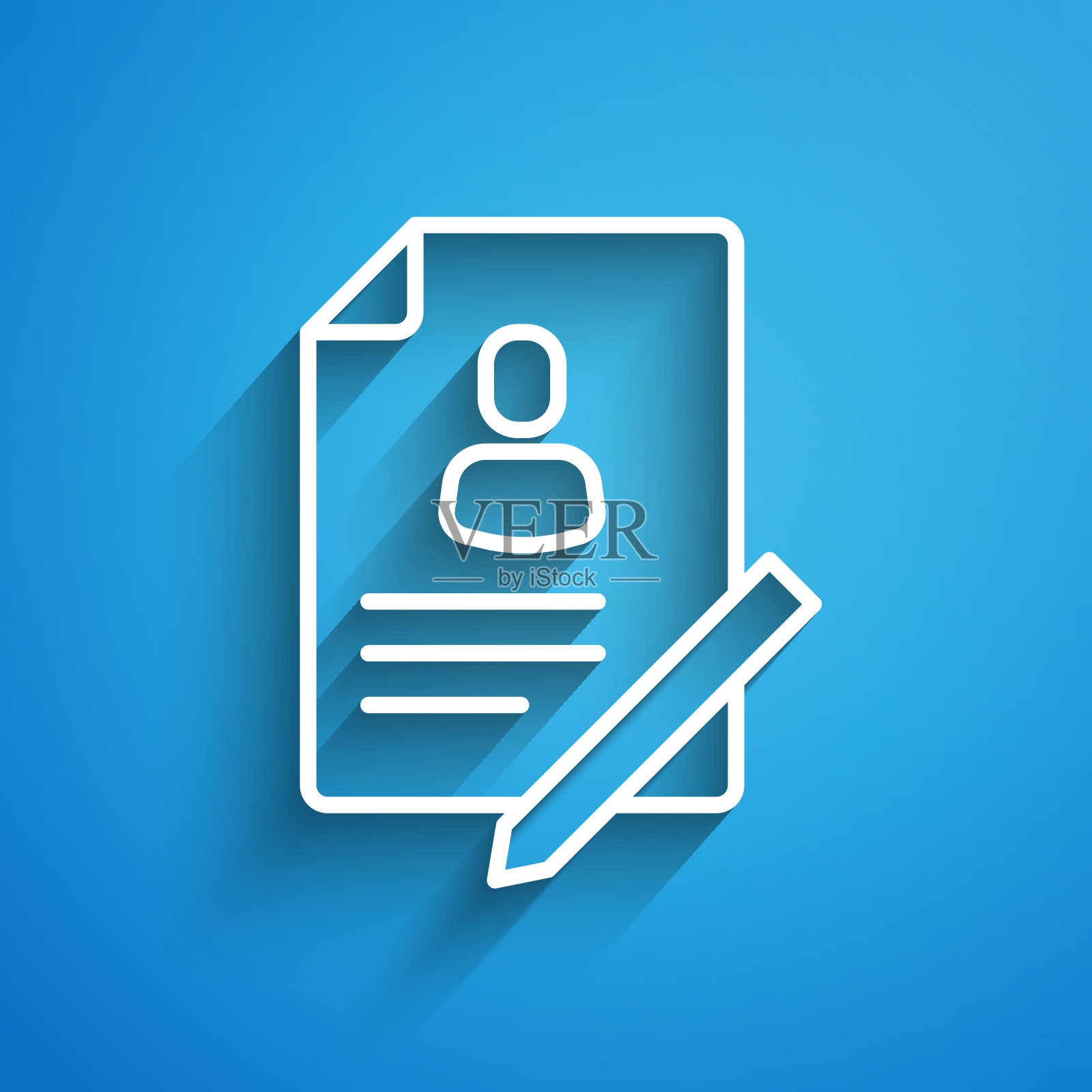 白线文档，蓝色背景上有隔离的盾牌图标。保险的概念。安全、安全、保护、保护理念。长长的阴影。向量插画图片素材