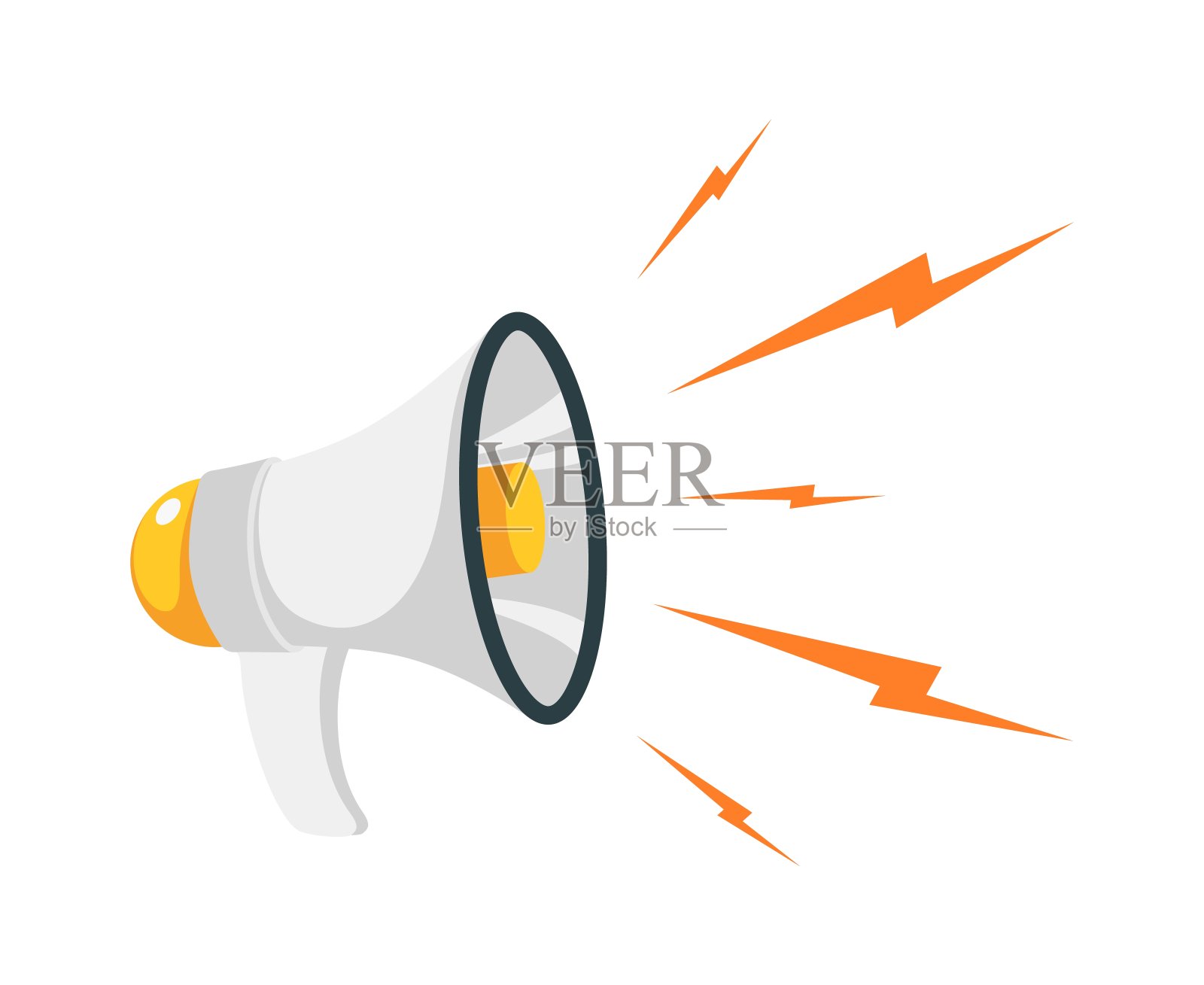 扬声器。卡通扩音器和闪电噪音。公共演讲的装置。广播宣传公告及讯息。白色的声音放大器。音量的矢量符号插画图片素材