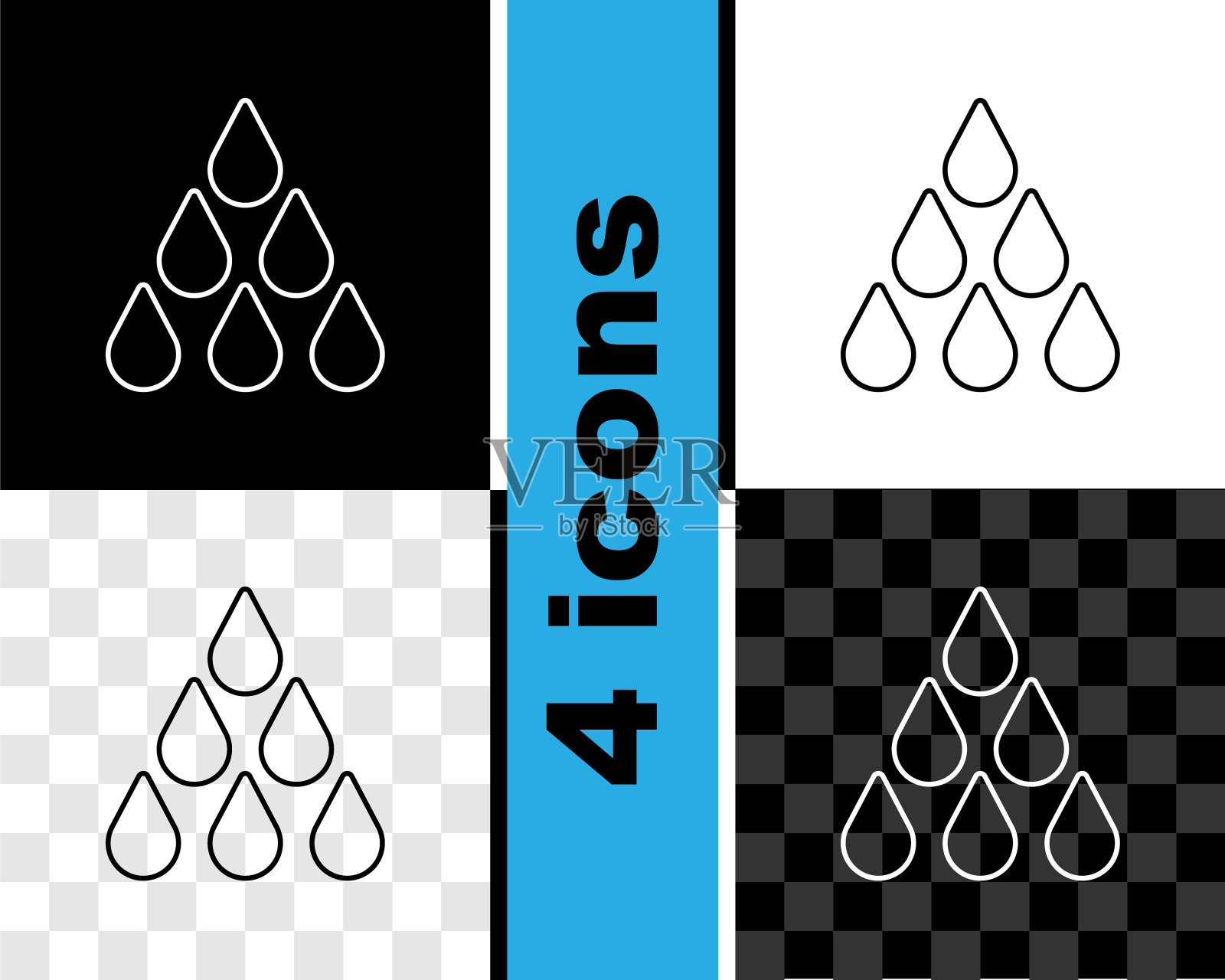 设置线水滴图标孤立的黑色和白色，透明的背景。向量图标素材