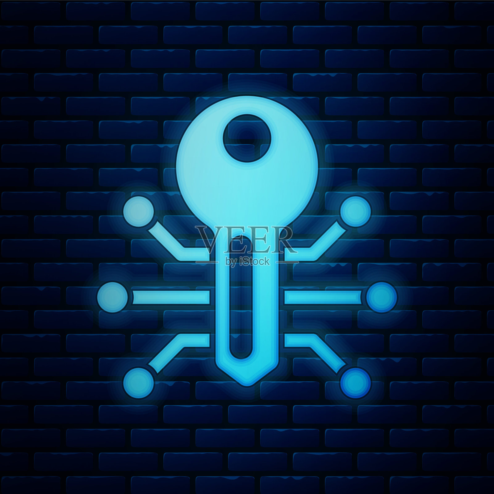 发光的霓虹灯智能键图标隔离在砖墙的背景。向量插画图片素材