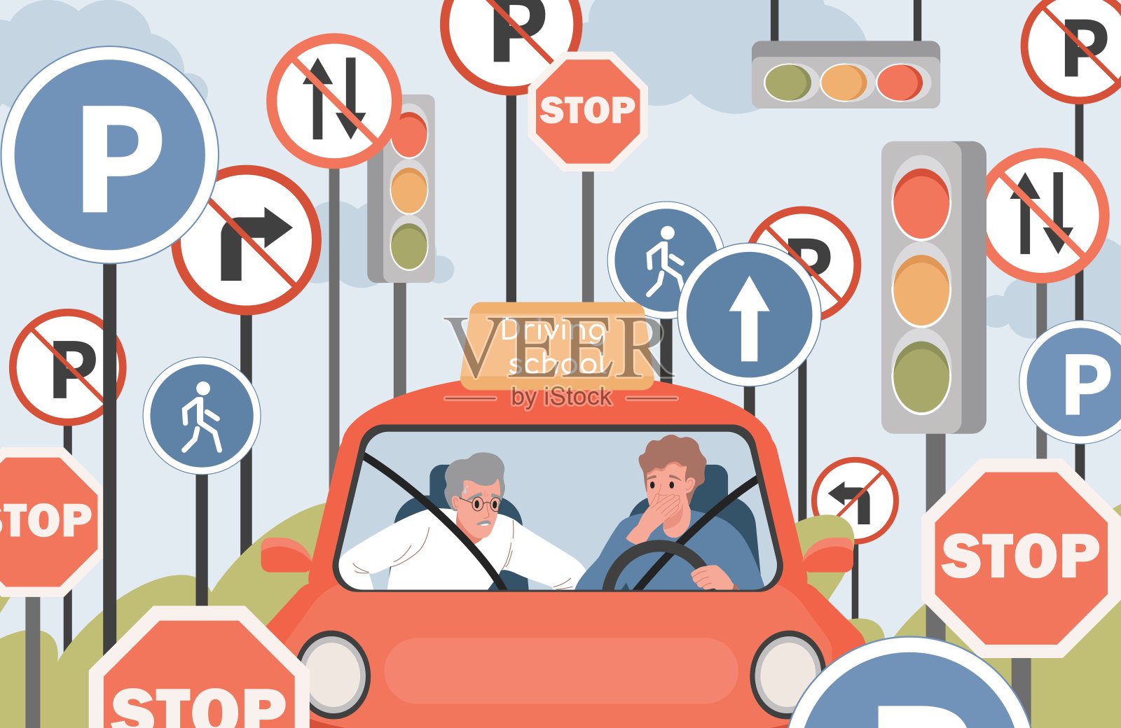 驾驶学校矢量平面插图。汽车教练和学生坐在车里看路。设计元素图片