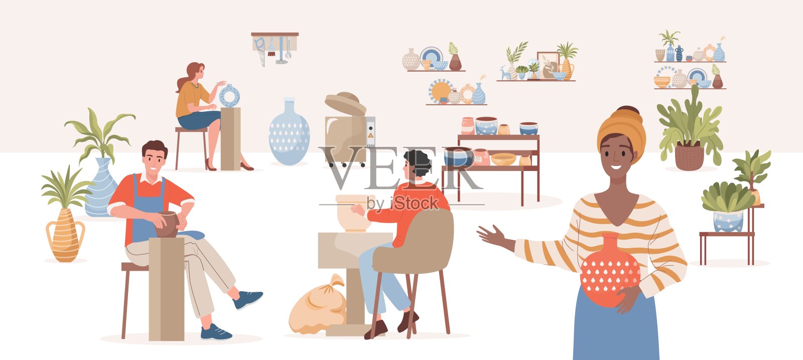 陶艺工作室矢量平面插图。在陶艺课上，人们微笑着制作现代陶瓷、餐具、装饰罐子和陶土花瓶。男男女女都喜欢他们的爱好。插画图片素材