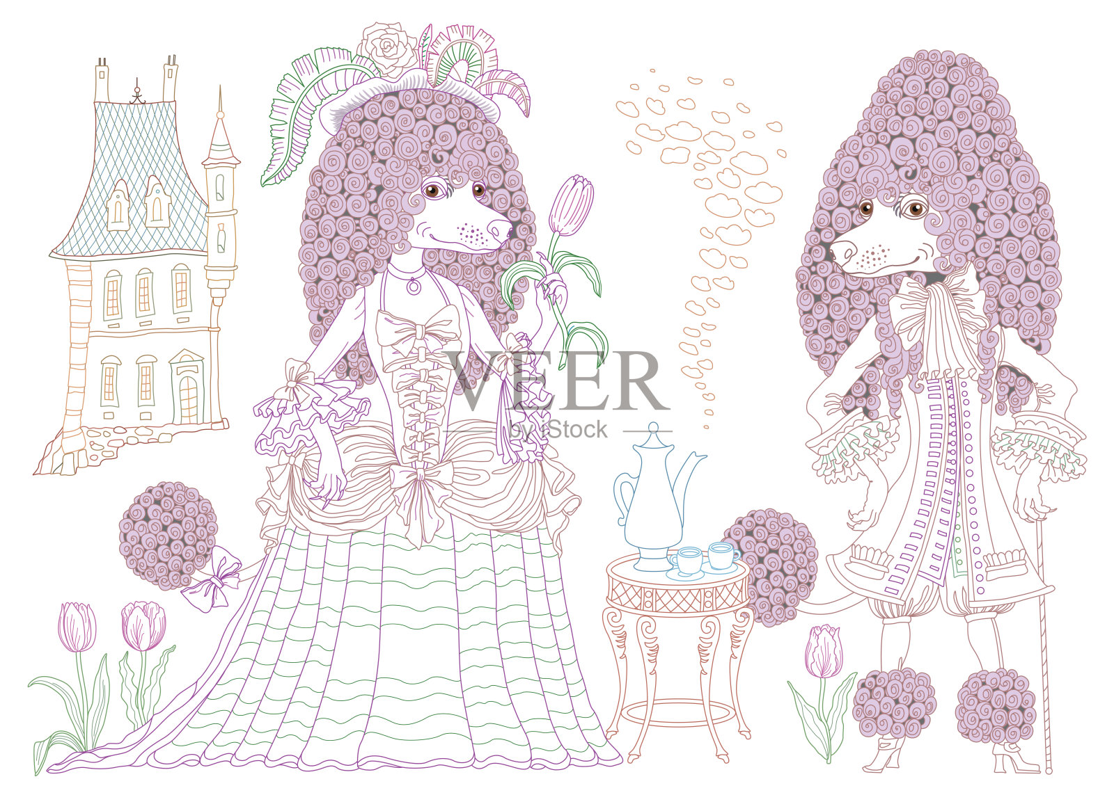 童话故事里的贵宾狗穿着复古服装，拿着咖啡壶。线性彩色轮廓涂鸦素描。抗压力成人和儿童涂色书页插画图片素材