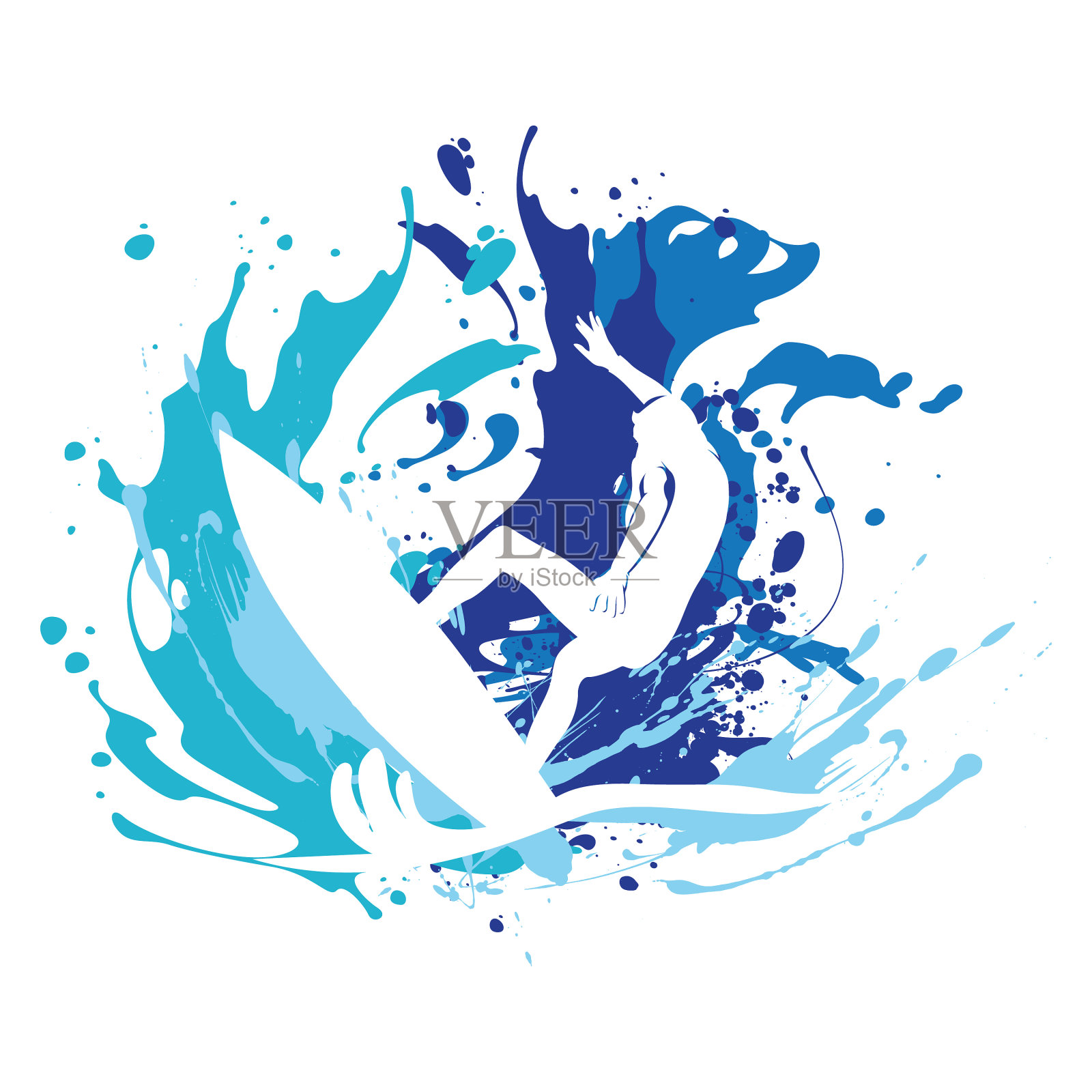 冲浪者剪影与飞溅效果插画图片素材