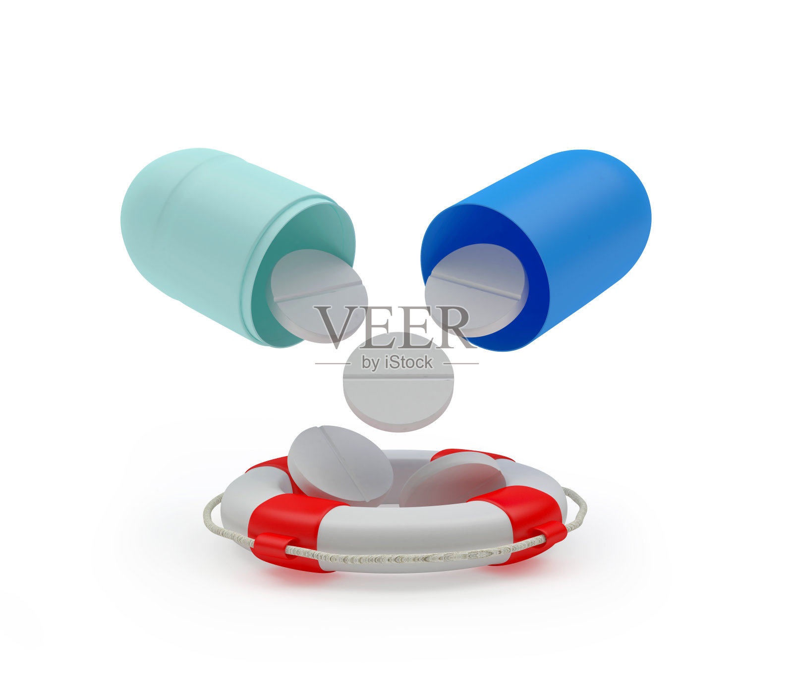 药丸从医疗舱里倒进救生圈。照片摄影图片