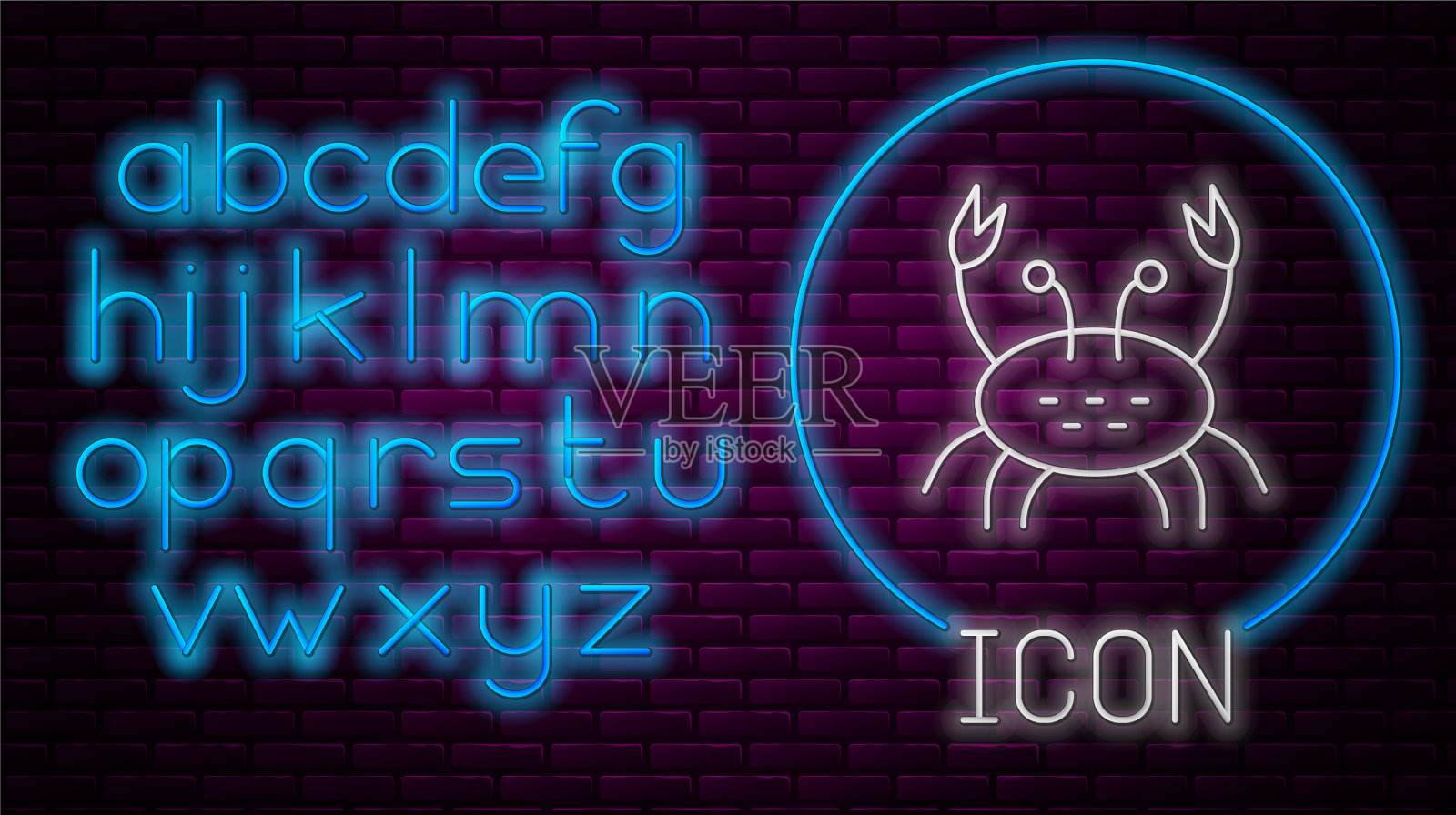 霓虹灯线蟹图标孤立在砖墙上插画图片素材