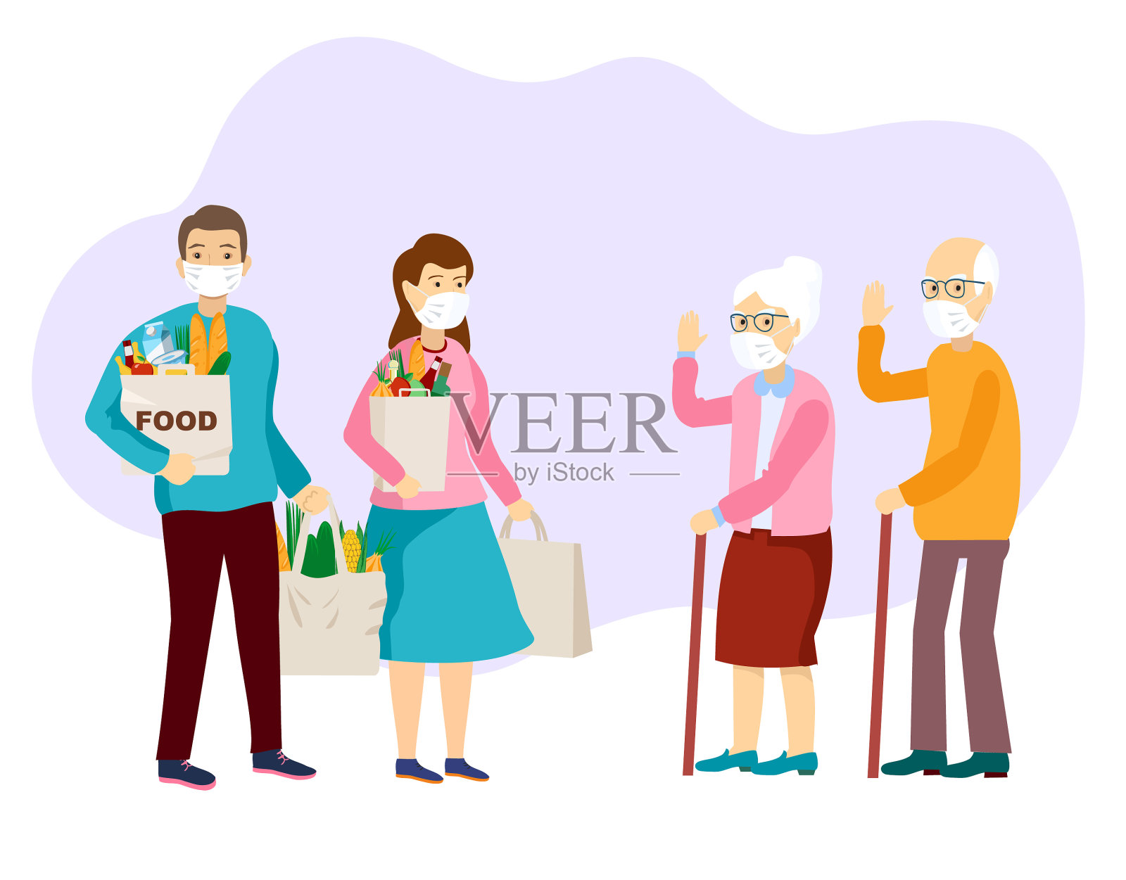 购物时帮助老夫妇戴口罩插画图片素材