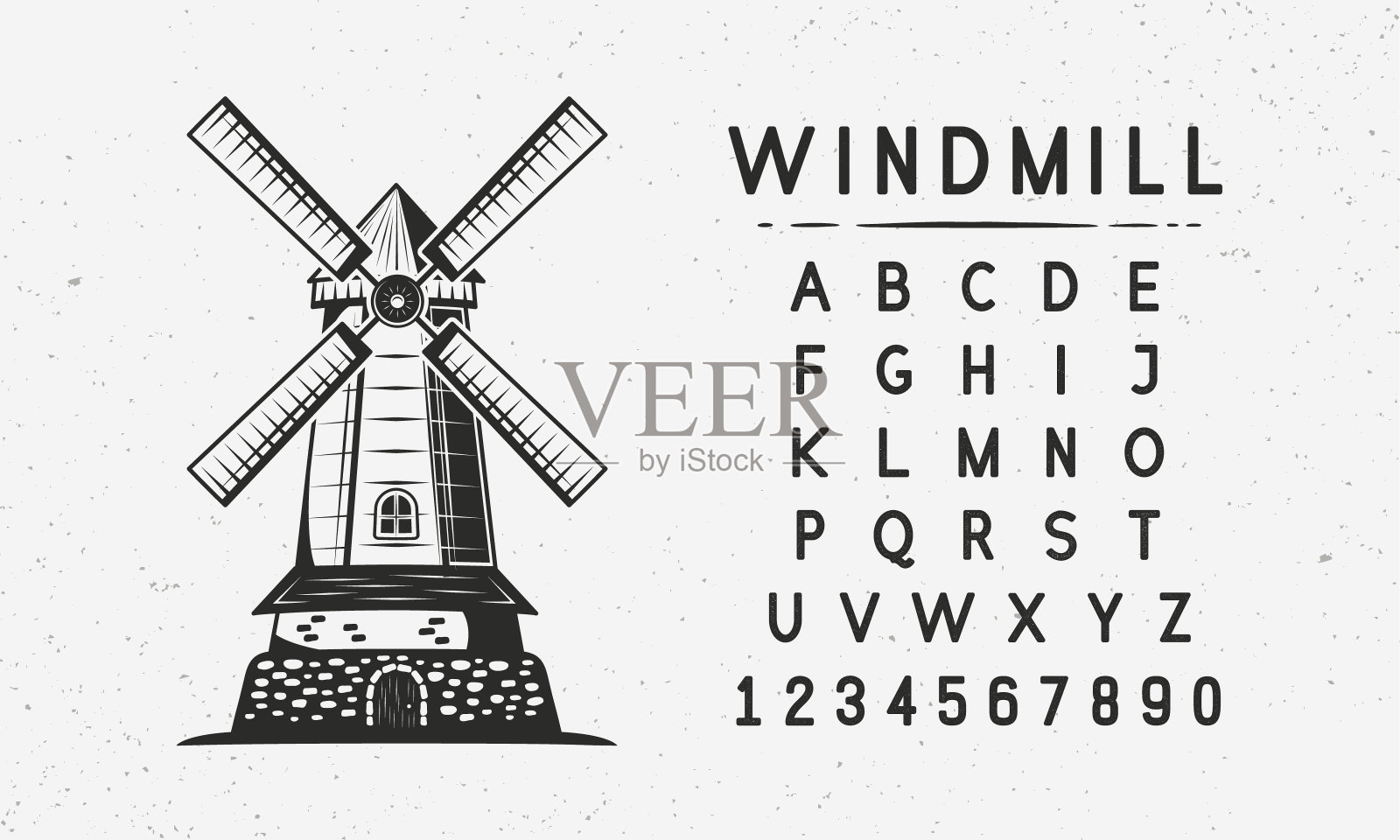 老旧的厂牌。复古简约的grunge字体。粗糙的字体。风车复古时尚的设计。矢量图插画图片素材