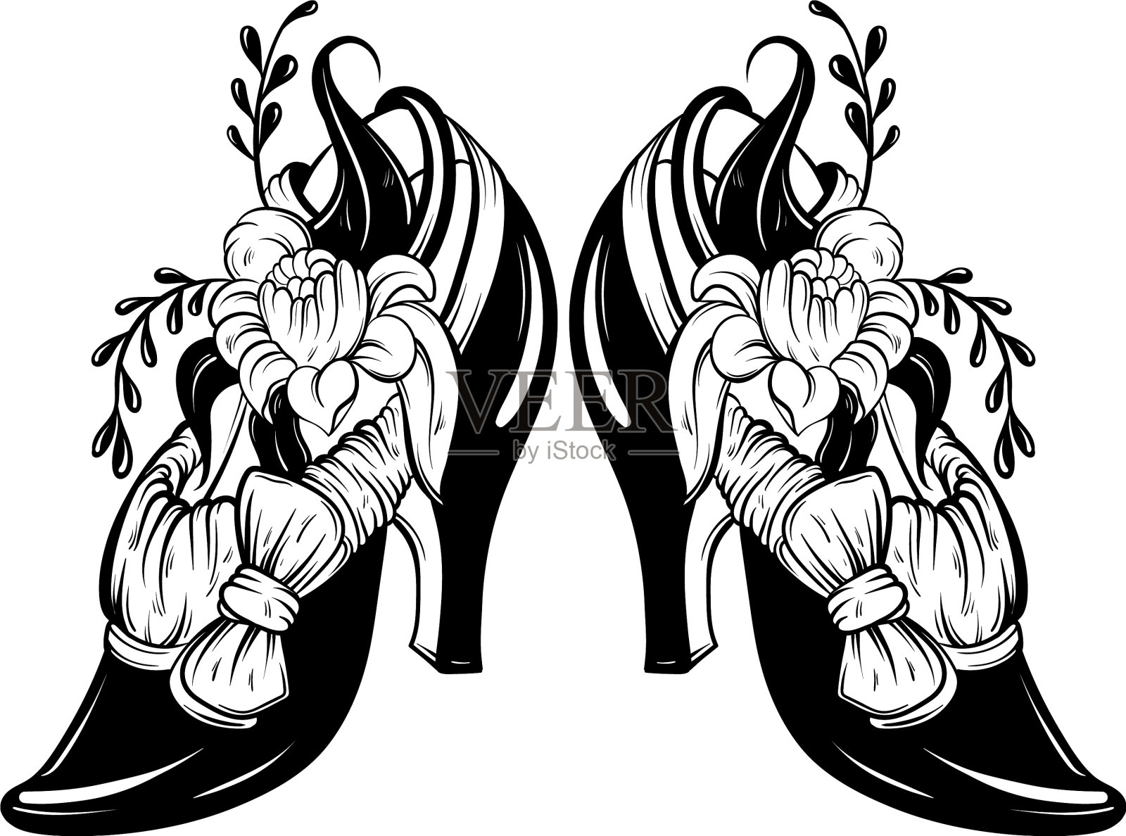 女人的鞋子与鲜花和蝴蝶结纹身艺术品设计元素图片