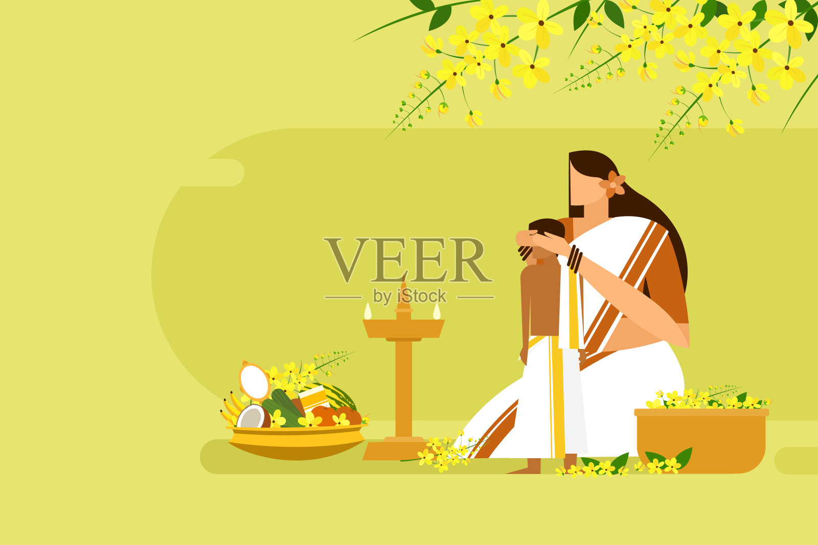 母亲把儿子的眼睛蒙在吉祥的物品前。喀拉拉邦“维舒”节期间的传统仪式插画图片素材