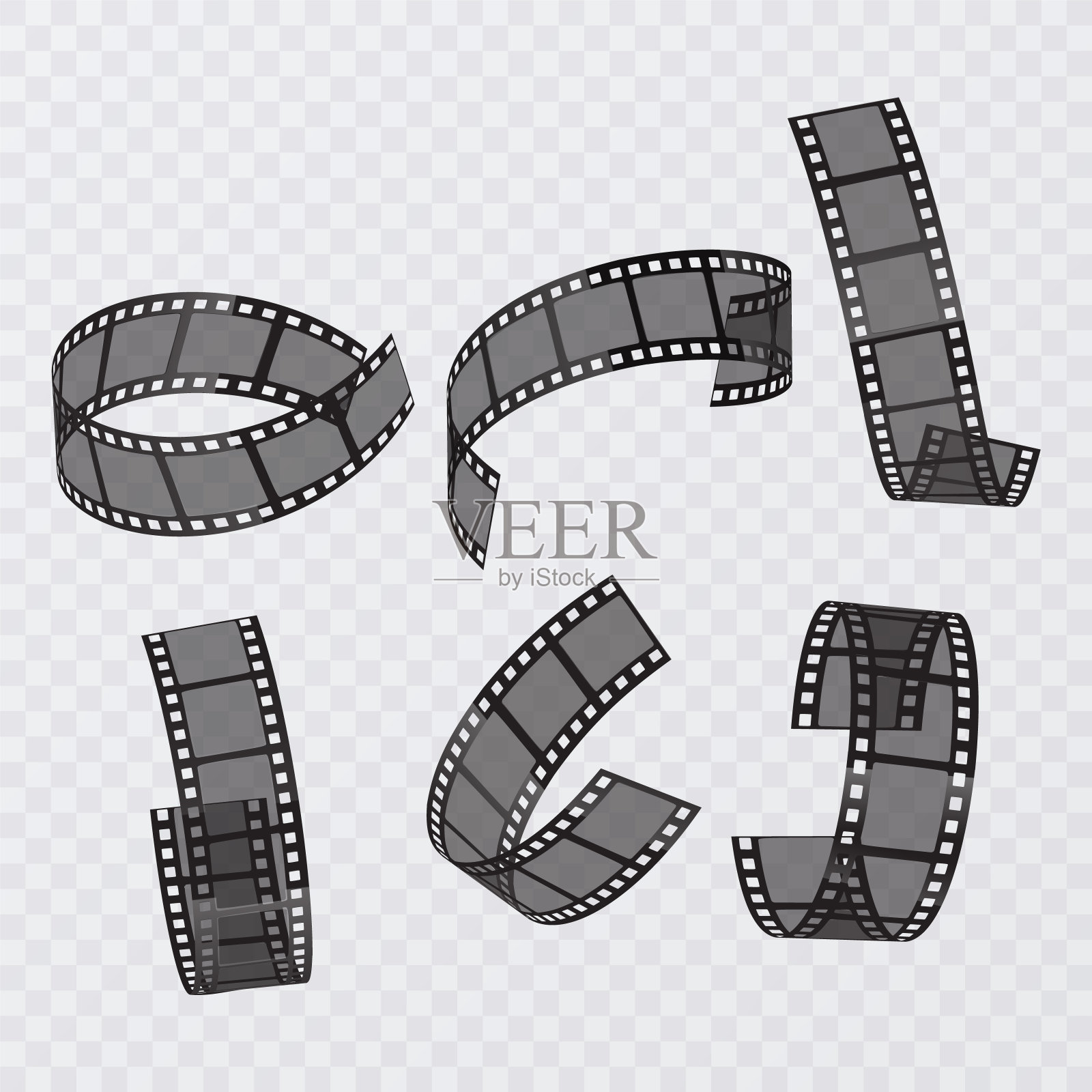 在透明背景上隔离的矢量胶片条的设置。旧电影带3d矢量插图插画图片素材
