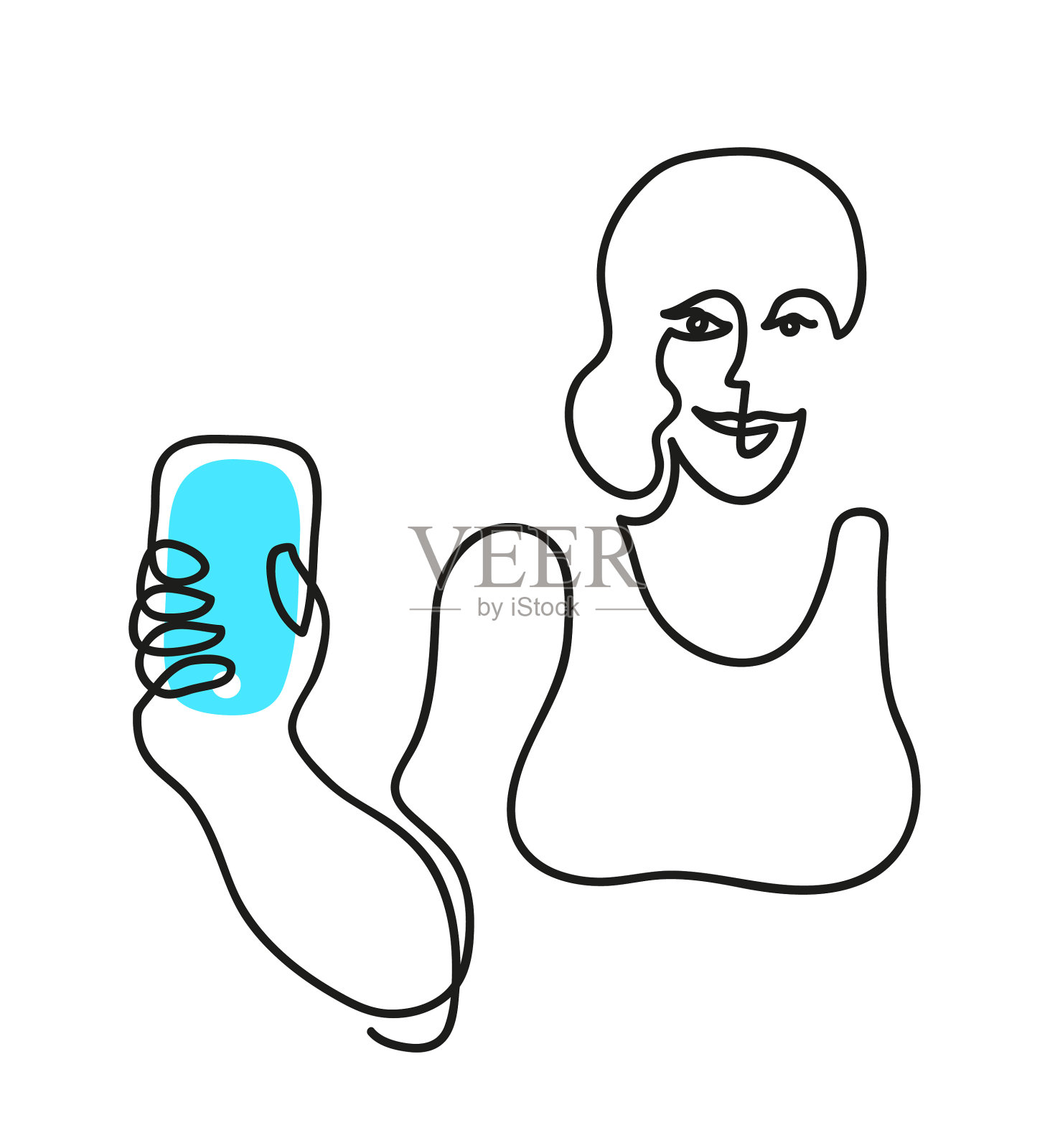 一条线画的快乐微笑的女人展示手机。插画图片素材