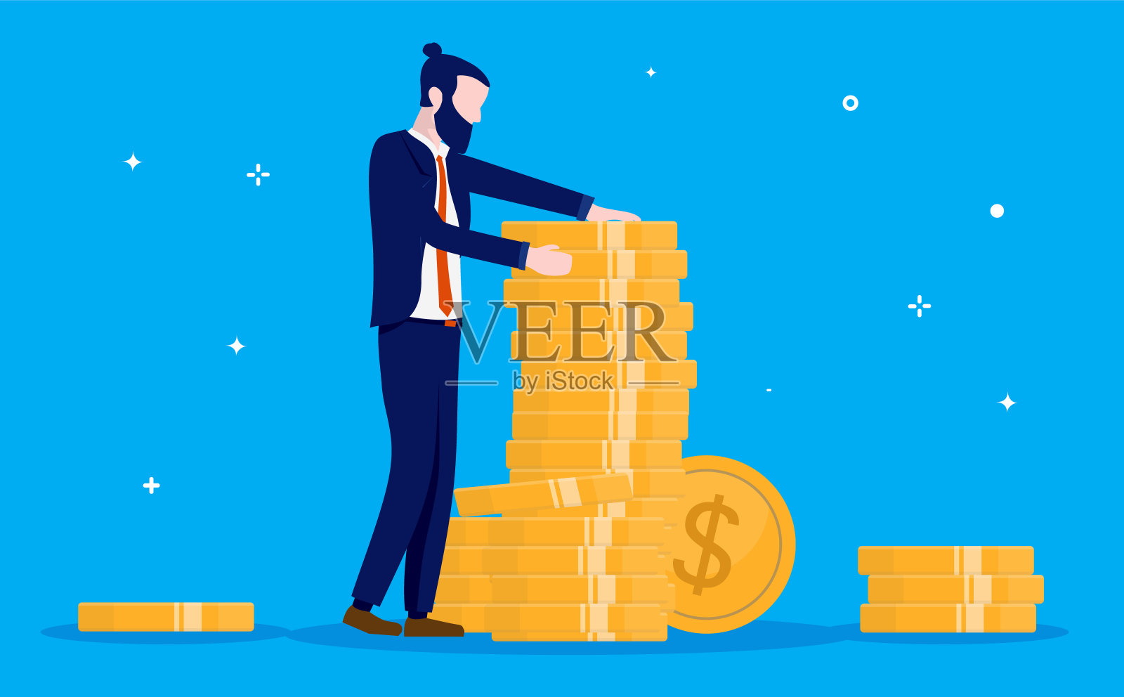 商人和他的钱-男人站在成堆的硬币，给他们爱和同情插画图片素材