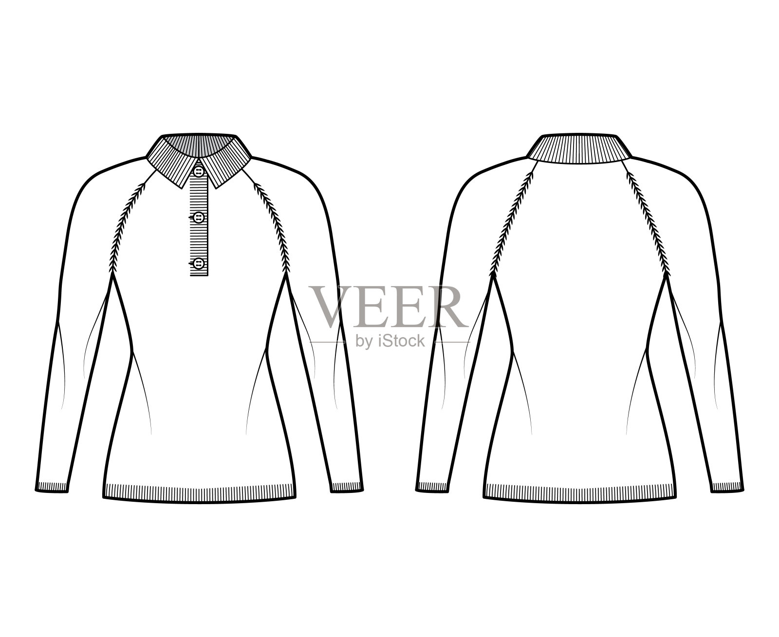 马球毛衣技术时尚插图与罗纹henley颈部，经典的衣领，插肩袖，臀部长度，针织修剪插画图片素材