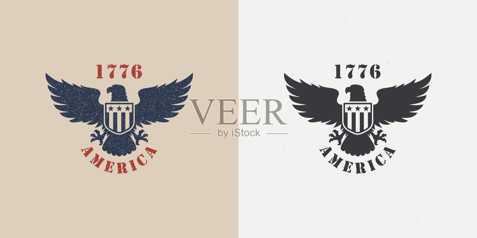 一套彩色插图的鹰，一个盾牌与星星和文字的背景与grunge纹理。插画图片素材