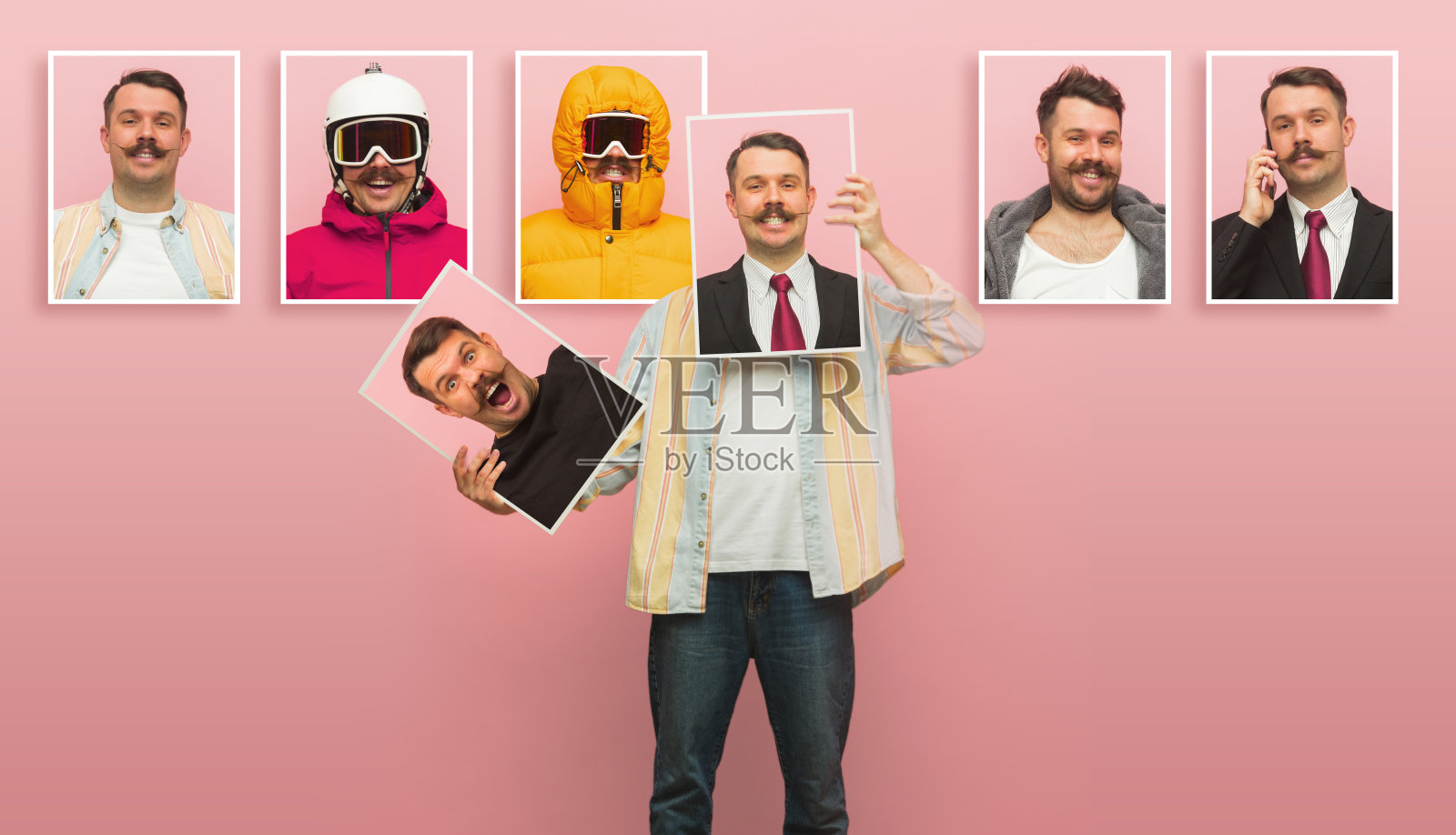 年轻男子展示了在粉红色背景上孤立的不同情绪的肖像。照片摄影图片