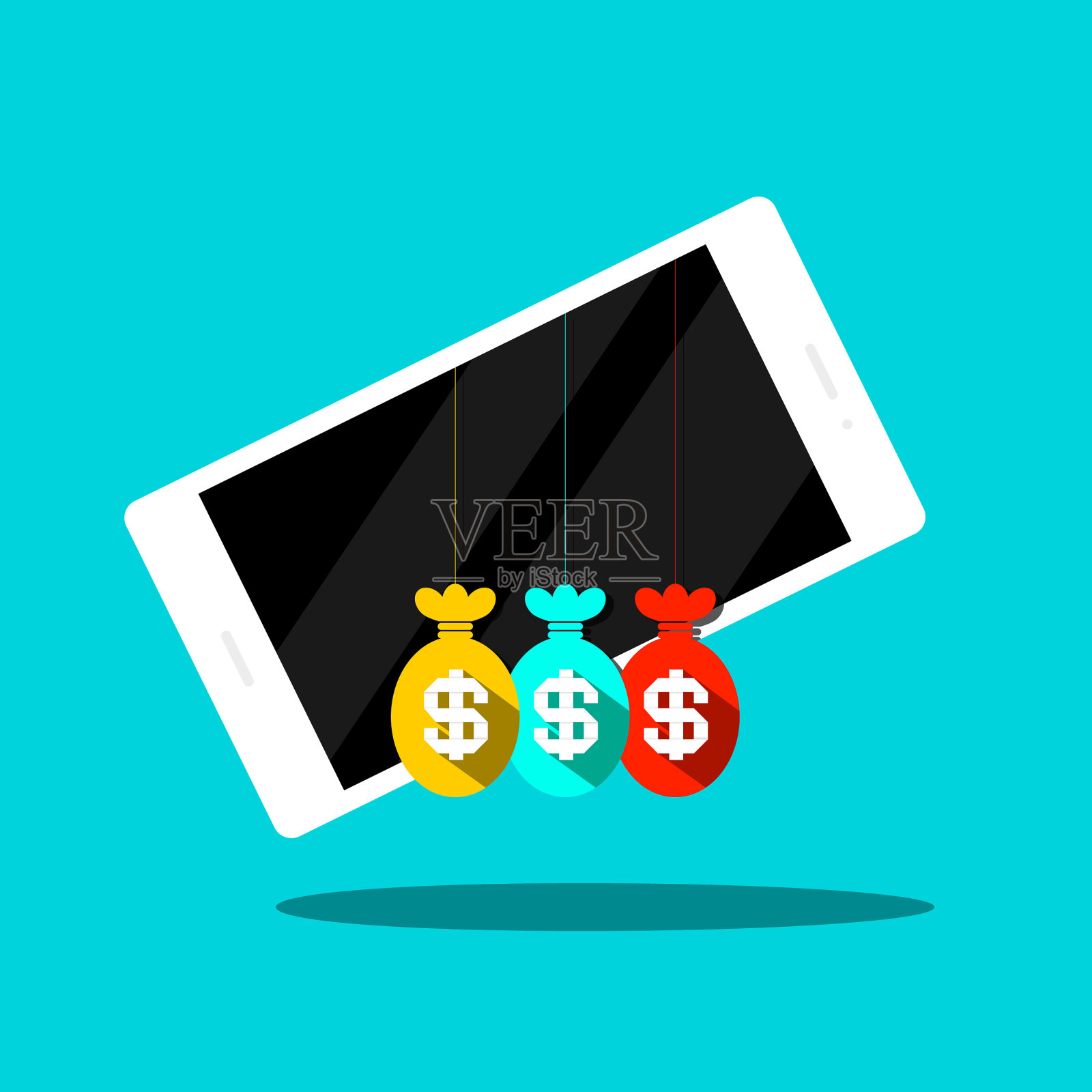 手机上有美元符号的钱袋插画图片素材