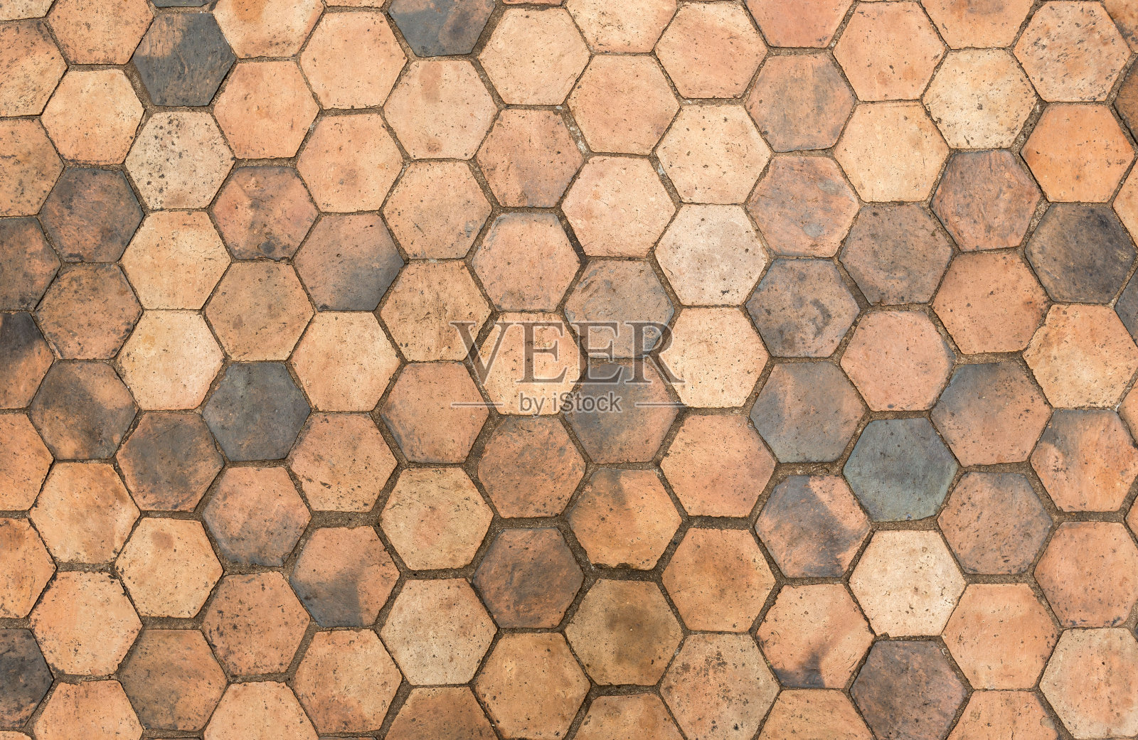 复古黄色六角形地板表面。顶部视图与复制空间。设计的背景。照片摄影图片