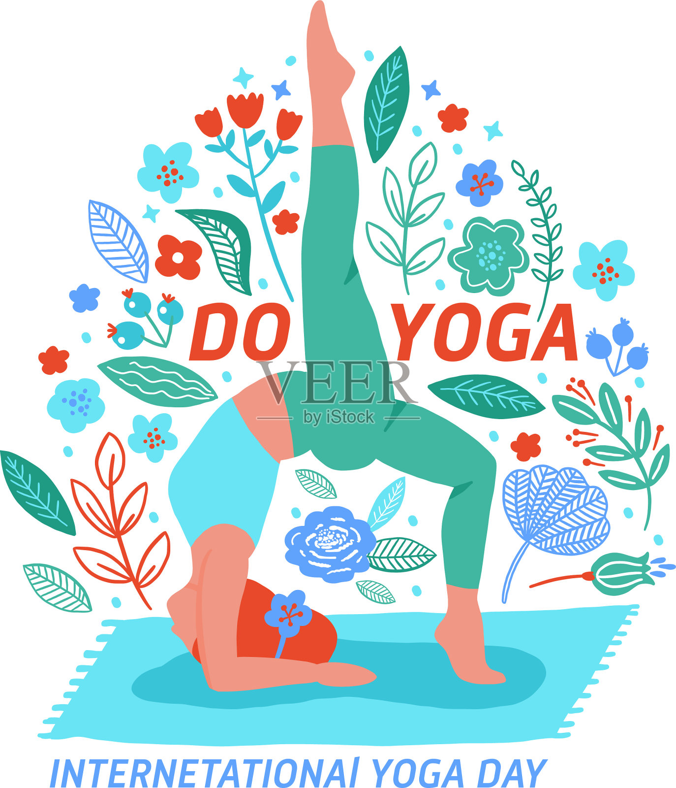 女性瑜伽锻炼平色趋势卡插画图片素材