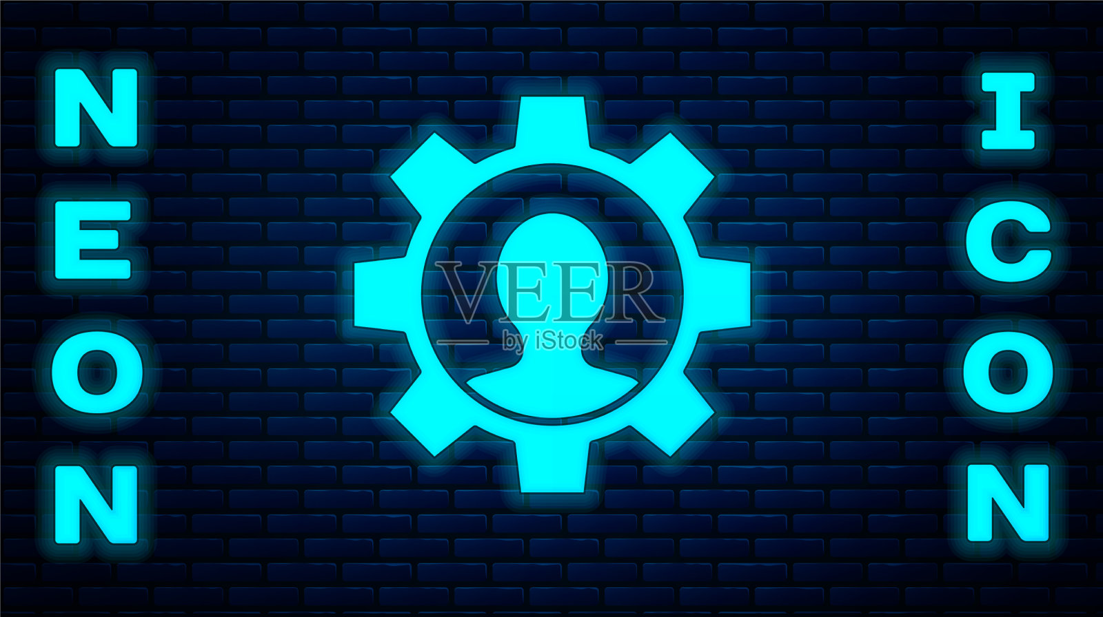 发光的霓虹灯人与齿轮图标隔离插画图片素材