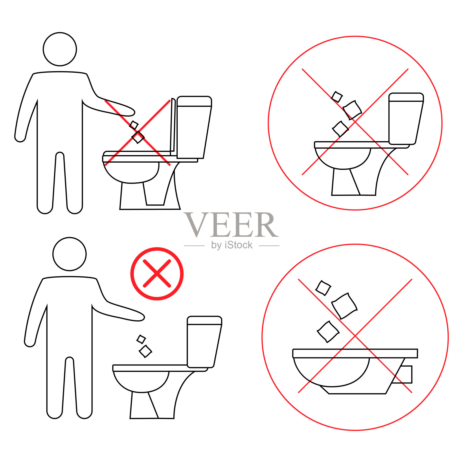 不要在厕所里乱扔垃圾。厕所没有垃圾。保持清洁。请勿冲洗纸巾、卫生用品、图标。禁止图标。禁止乱扔垃圾，警告标志。禁止图标插画图片素材