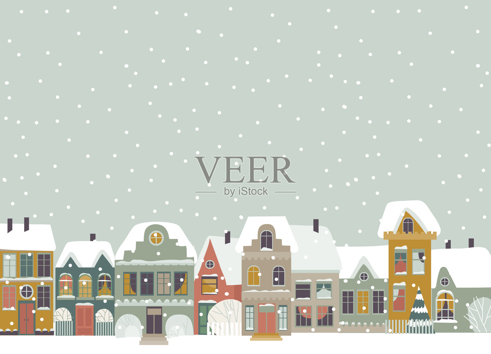 可爱的卡通小镇在圣诞节期间插画图片素材