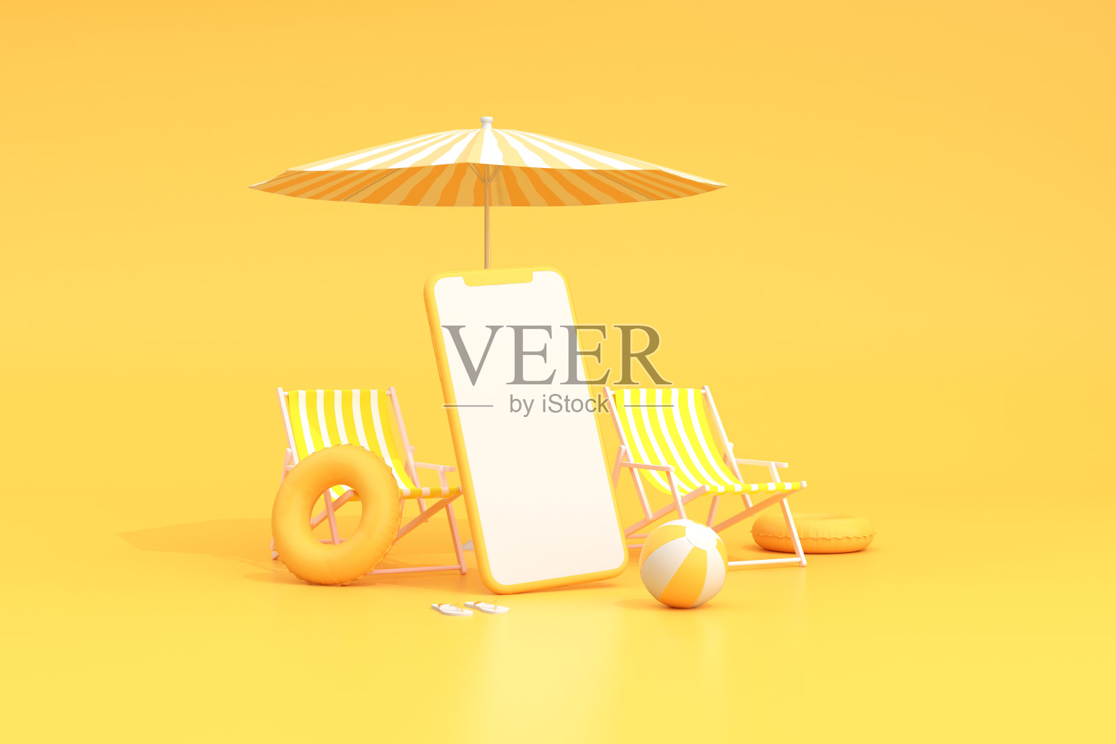 沙滩椅与雨伞和空白屏幕的智能手机，夏天的概念，最小的场景。3 d渲染。照片摄影图片