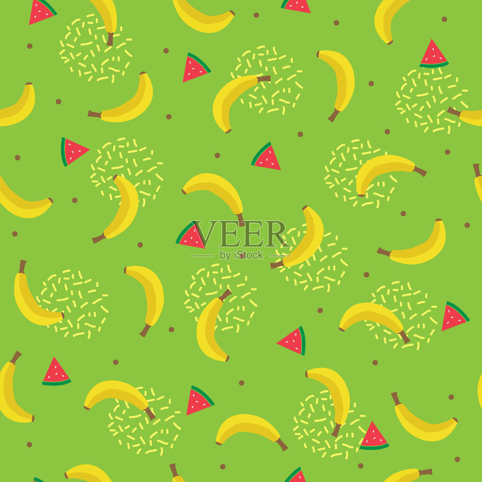 香蕉和西瓜的无缝图案与淡绿色的背景插画图片素材