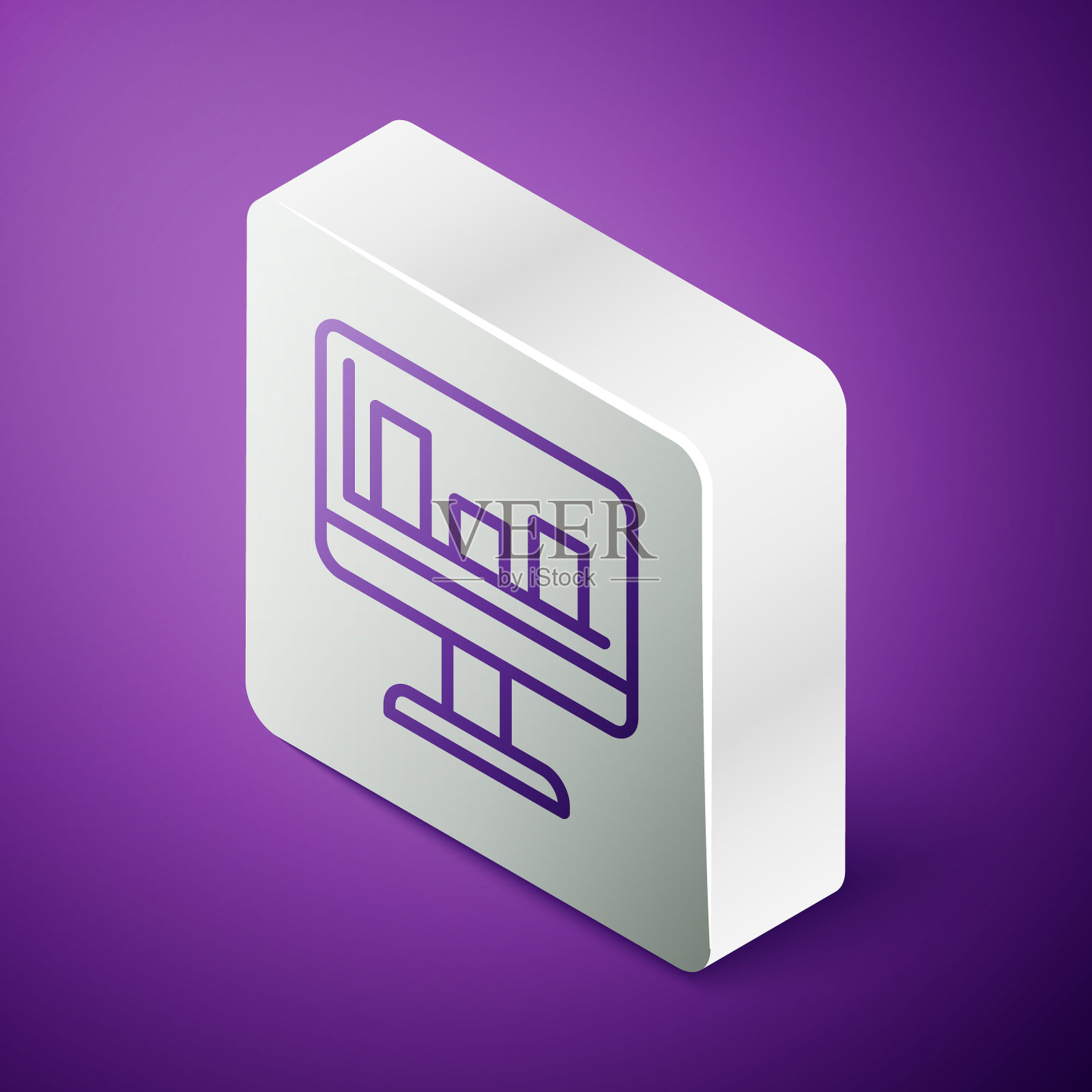 等距线计算机显示器与图形图表图标隔离在紫色的背景。报告文本文件。会计的迹象。审计、分析规划。银广场按钮。向量插画图片素材