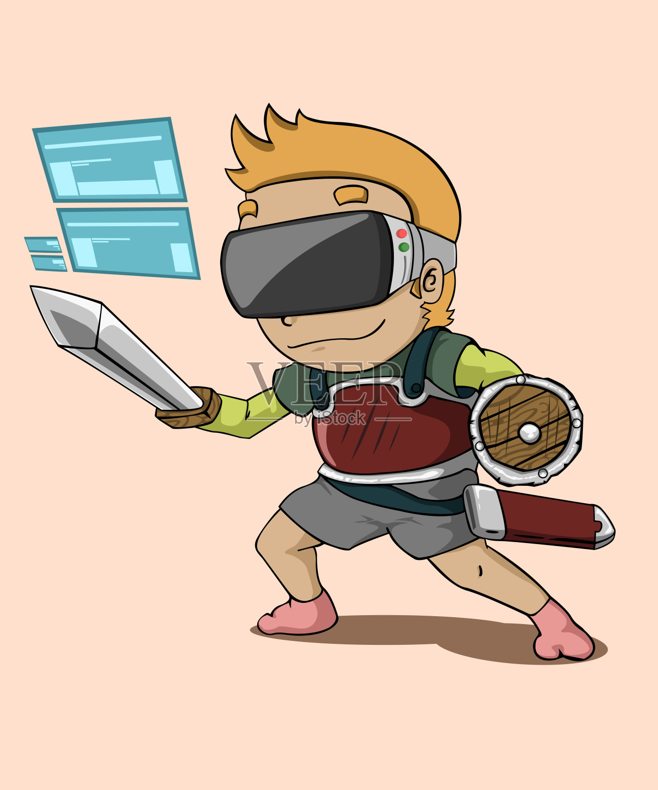 孩子们在玩虚拟现实。虚拟现实技术。孩子们玩VR头盔游戏好玩。矢量图插画图片素材