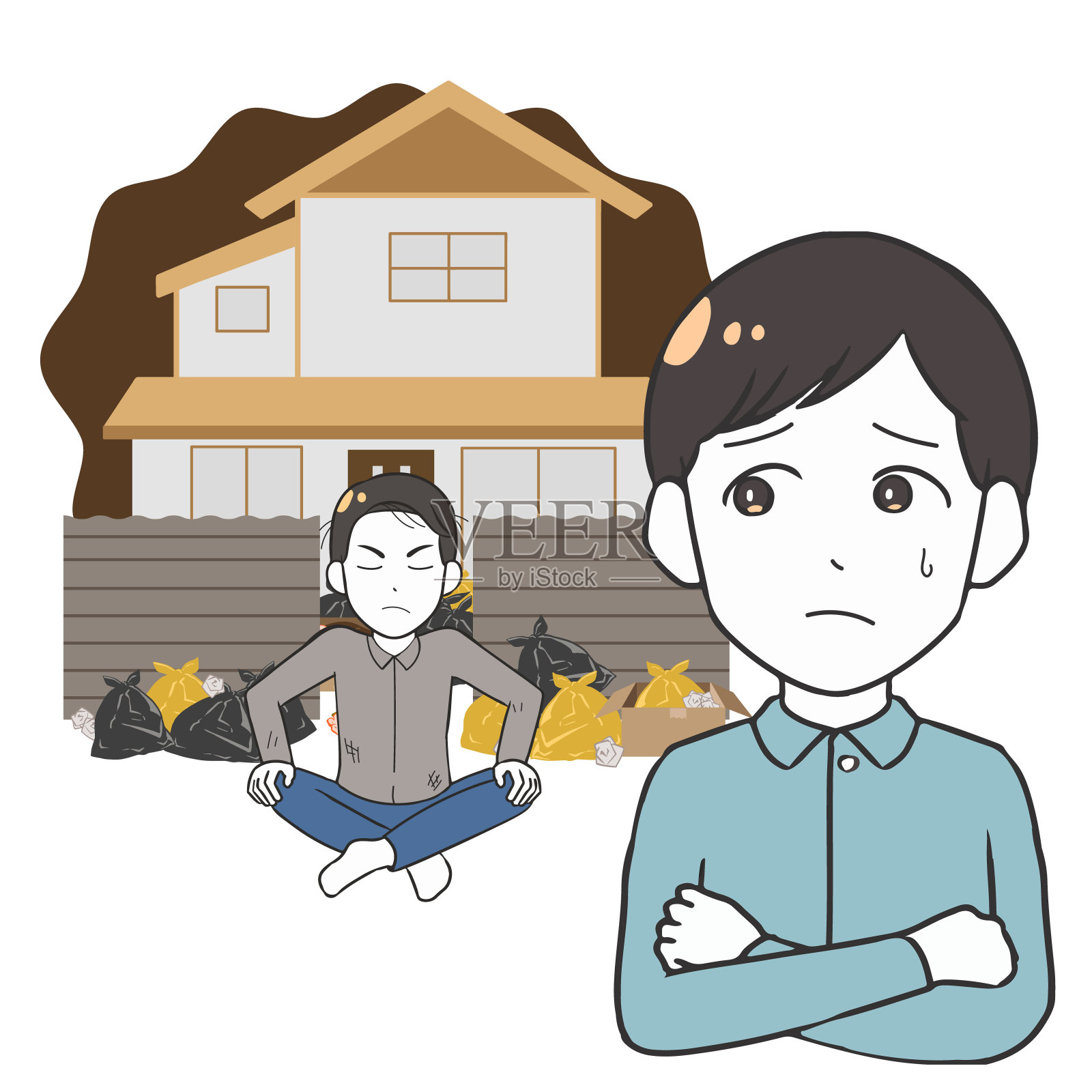 房子垃圾大厦2层，男人有麻烦插画图片素材