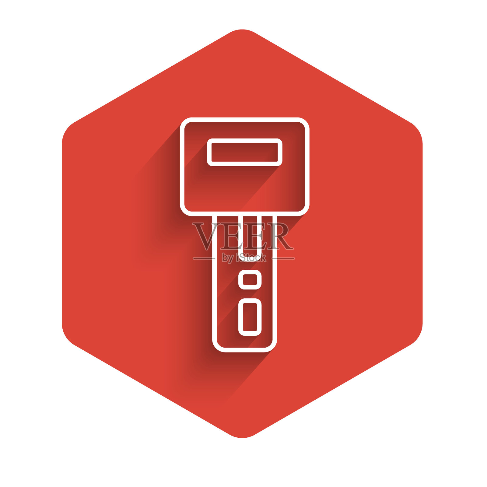 白色线车键与远程图标隔离与长影子。汽车钥匙和报警系统。红色的六角按钮。向量插画图片素材