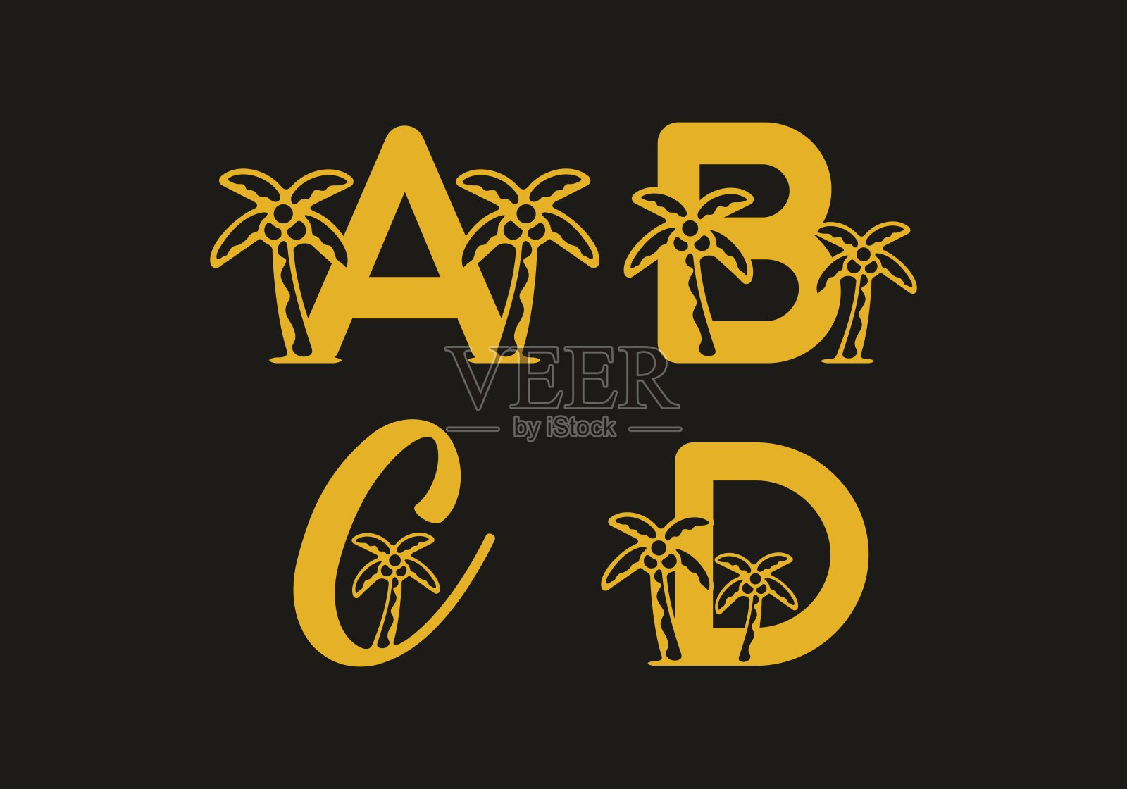 A B C D首字母与椰子树的金色设计插画图片素材