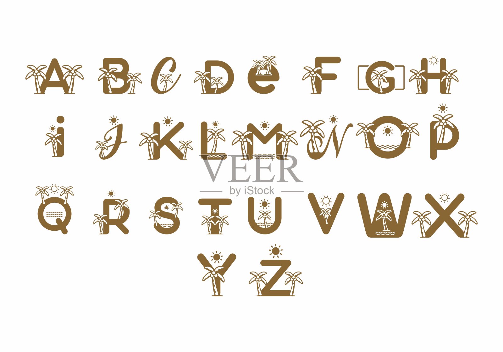 沙滩主题设计中A到Z首字母的棕色插画图片素材