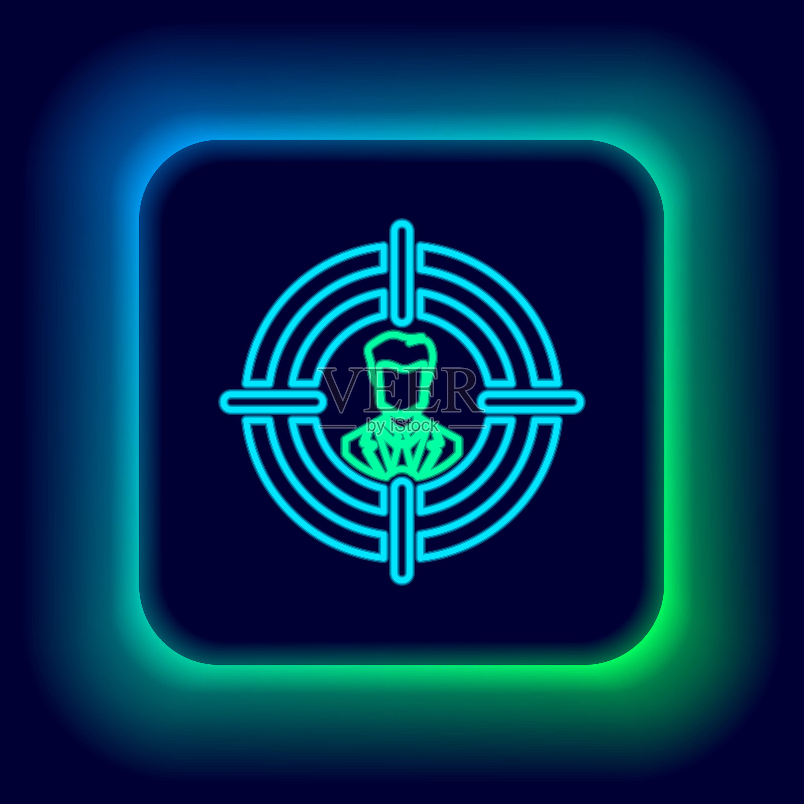 发光的霓虹线头部狩猎图标孤立在黑色背景。商业目标或就业标志。为企业提供人力资源和招聘服务。色彩斑斓的轮廓的概念。向量插画图片素材