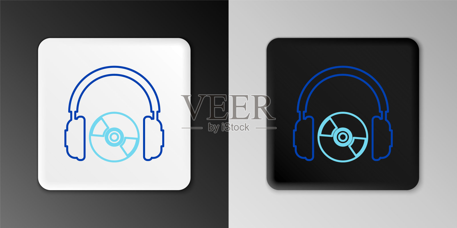 线耳机和CD或DVD图标孤立在灰色背景。耳机的信号。光盘的象征。色彩斑斓的轮廓的概念。向量图标素材