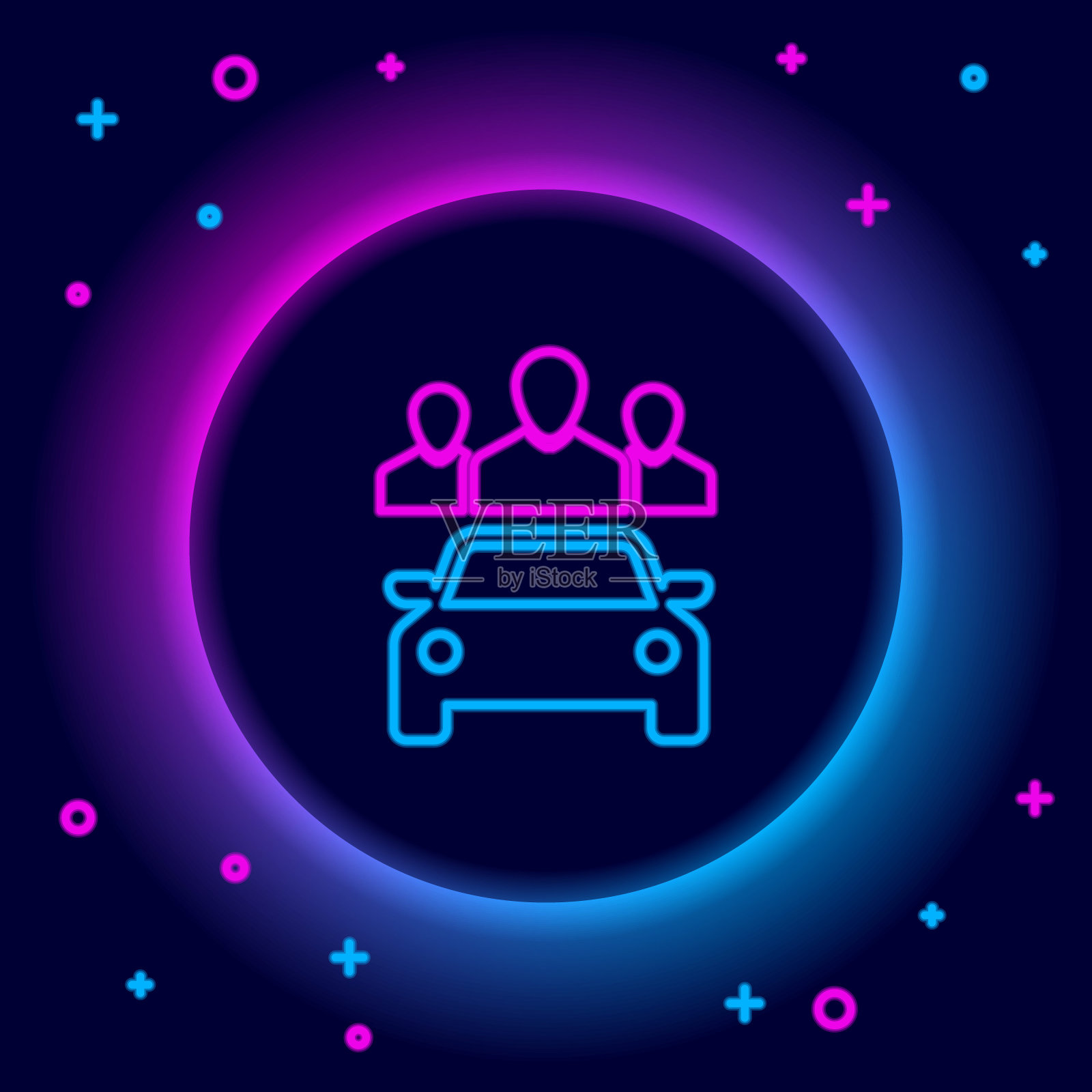 发光的霓虹灯线汽车共享与一组人图标孤立在黑色背景。车的迹象。运输租赁服务理念。色彩斑斓的轮廓的概念。向量插画图片素材