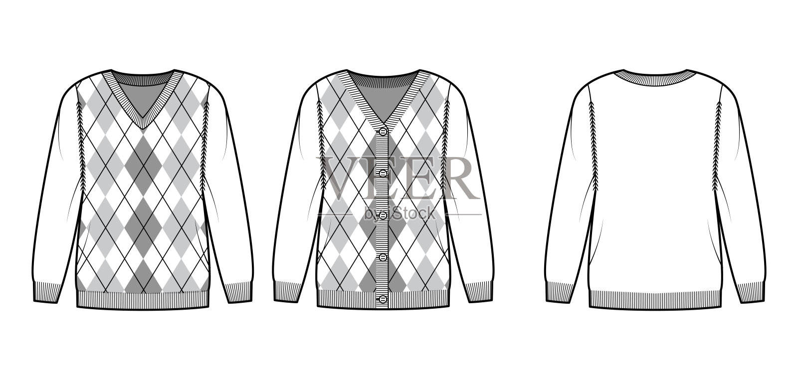 套套菱形花纹毛衣技术时尚插图与罗纹V领，长插肩袖，超大，臀部长度插画图片素材