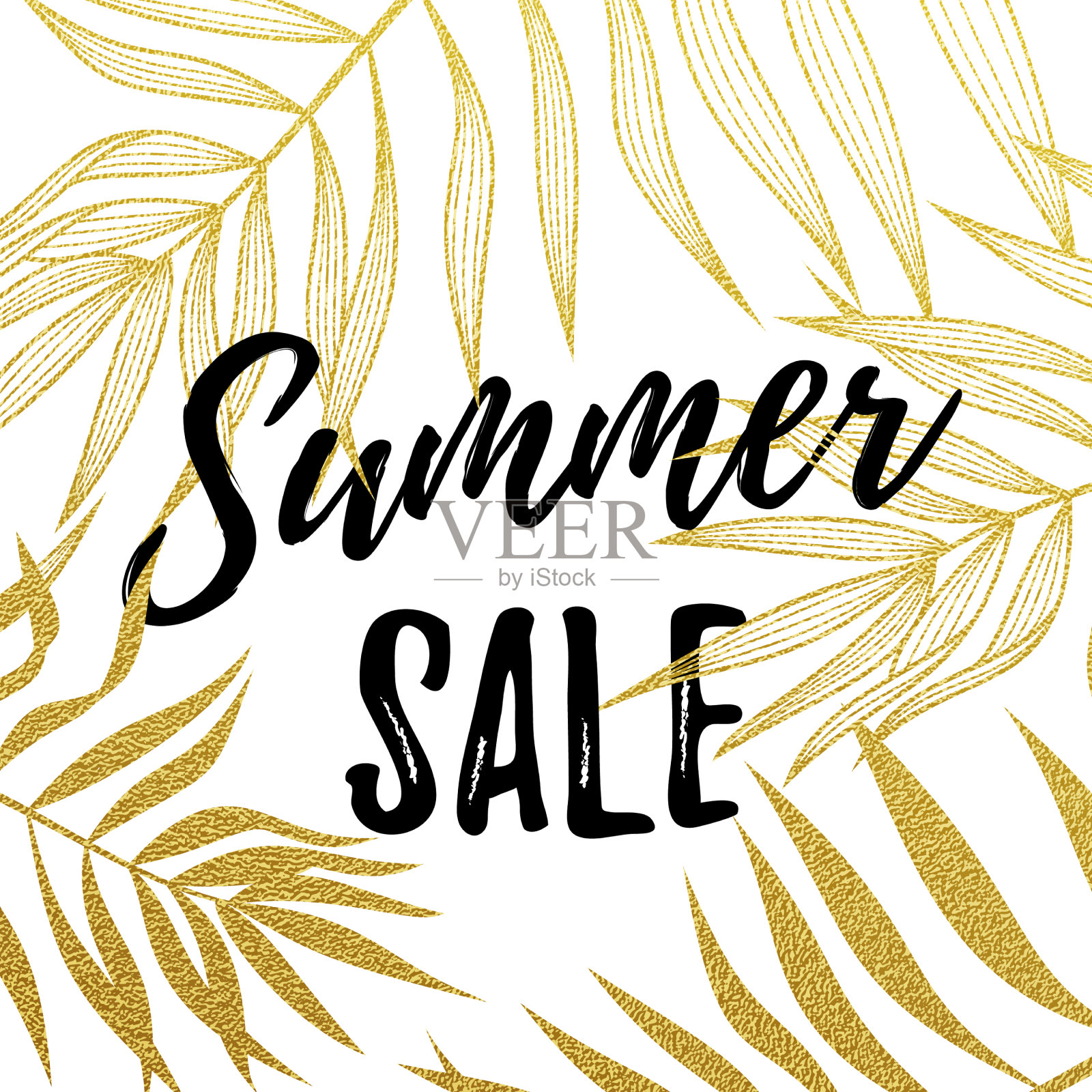 夏季销售文字上印有金色棕榈叶图案插画图片素材